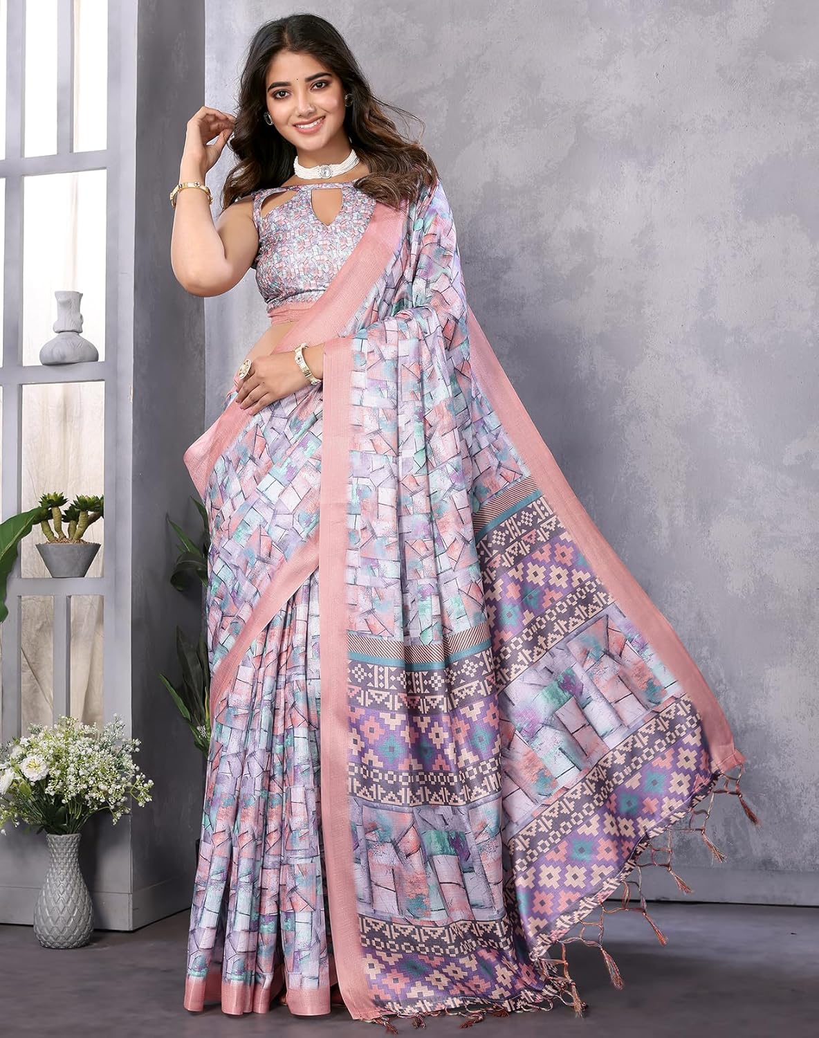 Print Art Silk Cotton Saree t Ethnic Wear for Festive