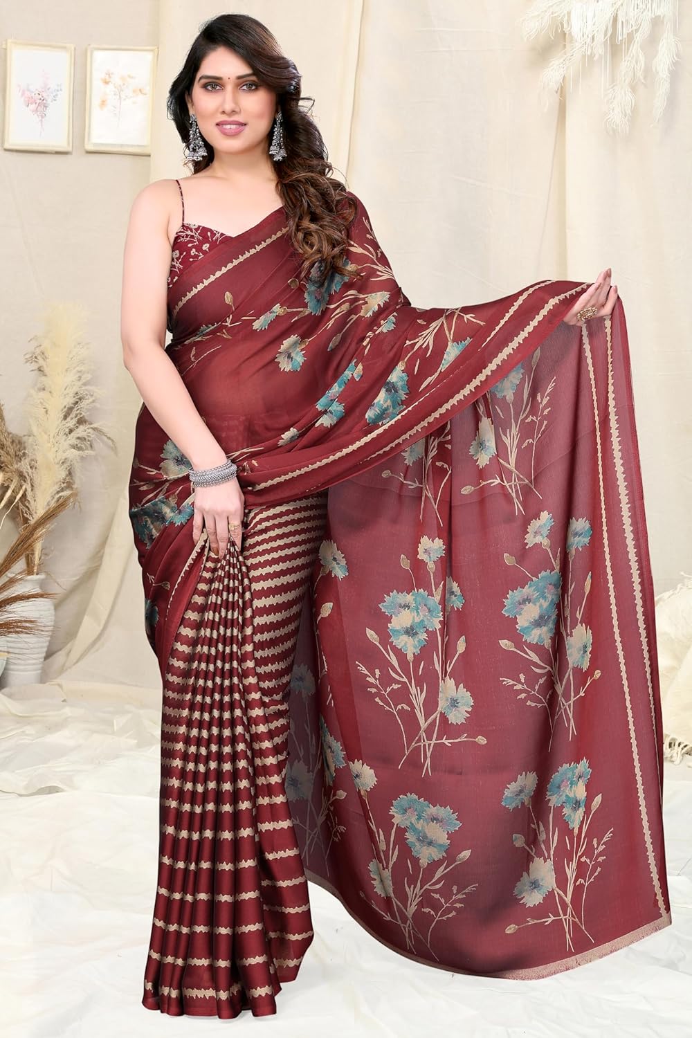 FASHION Women's Floral Printed Saree with Blouse Piece