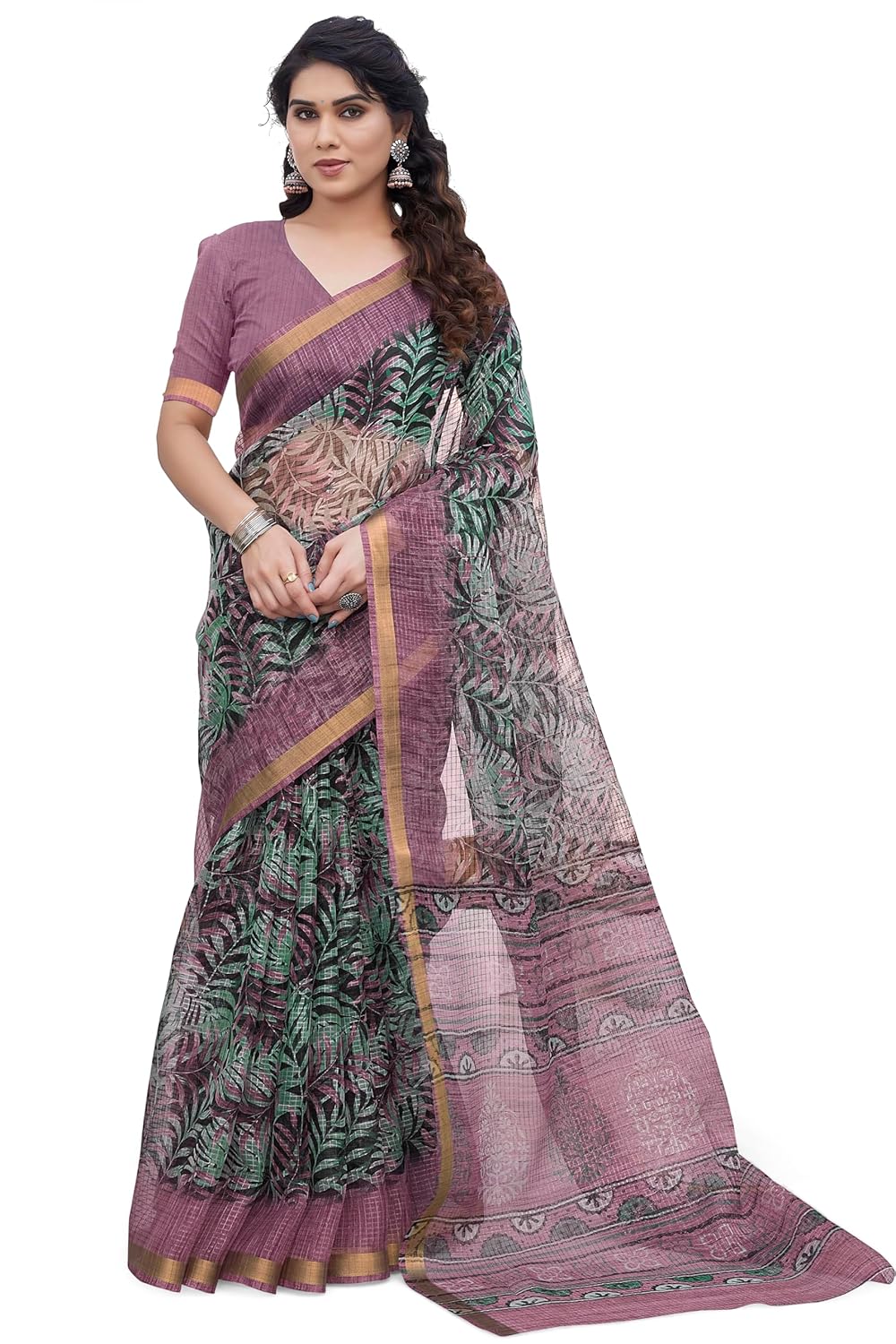 KotaDoriaPolyester Mix Leaf Floral Printed Saree