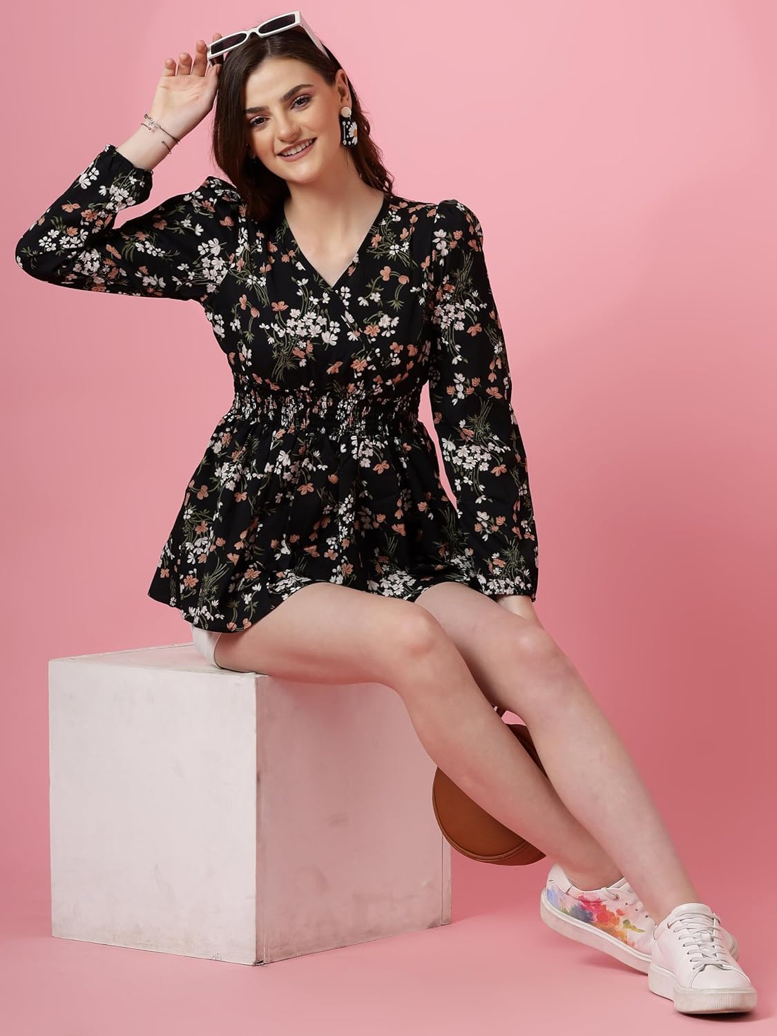 Sheetal Associates Women's Crepe Puff Sleeves Peplum Top with Floral Printed Regular Fit Full Sleeve and V-Neck Maxi Length