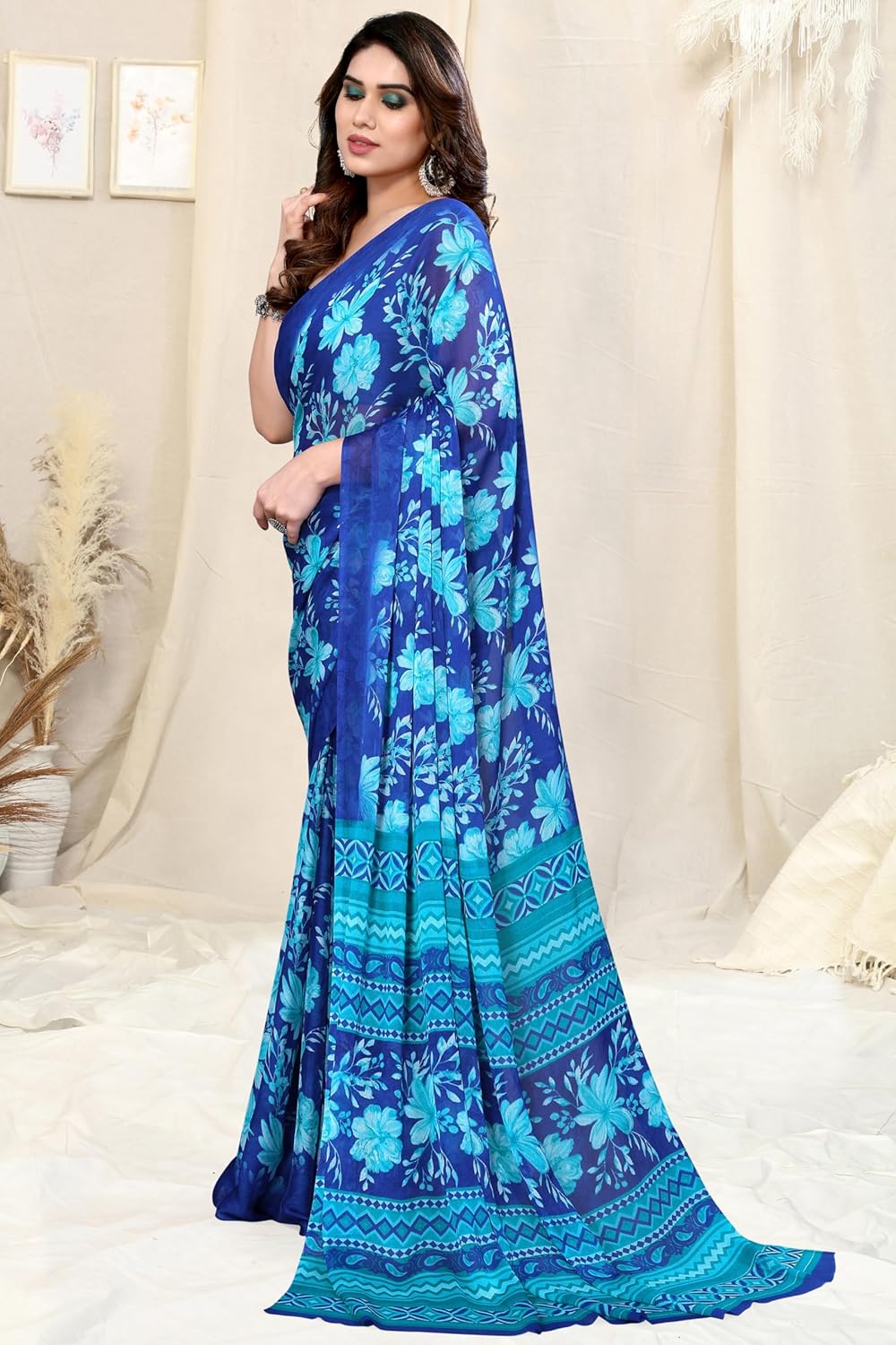 Women's Chiffon Floral Printed Saree with Blouse Piece