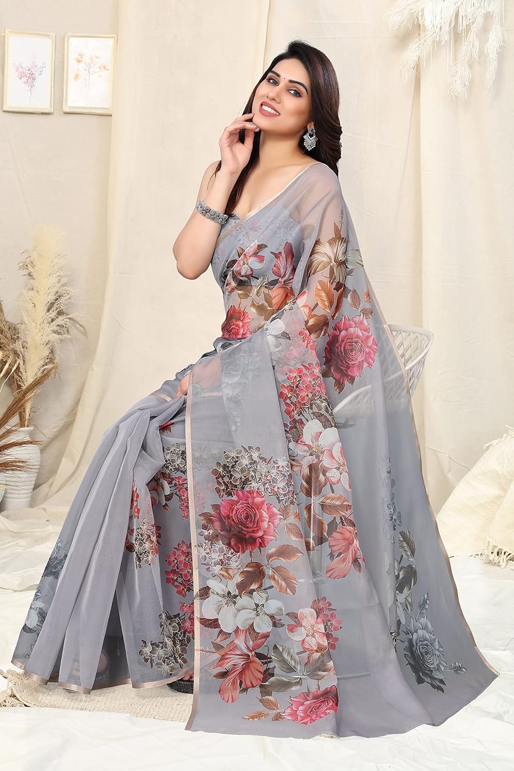 Printed Women's Organza Saree Design with Blouse Piece