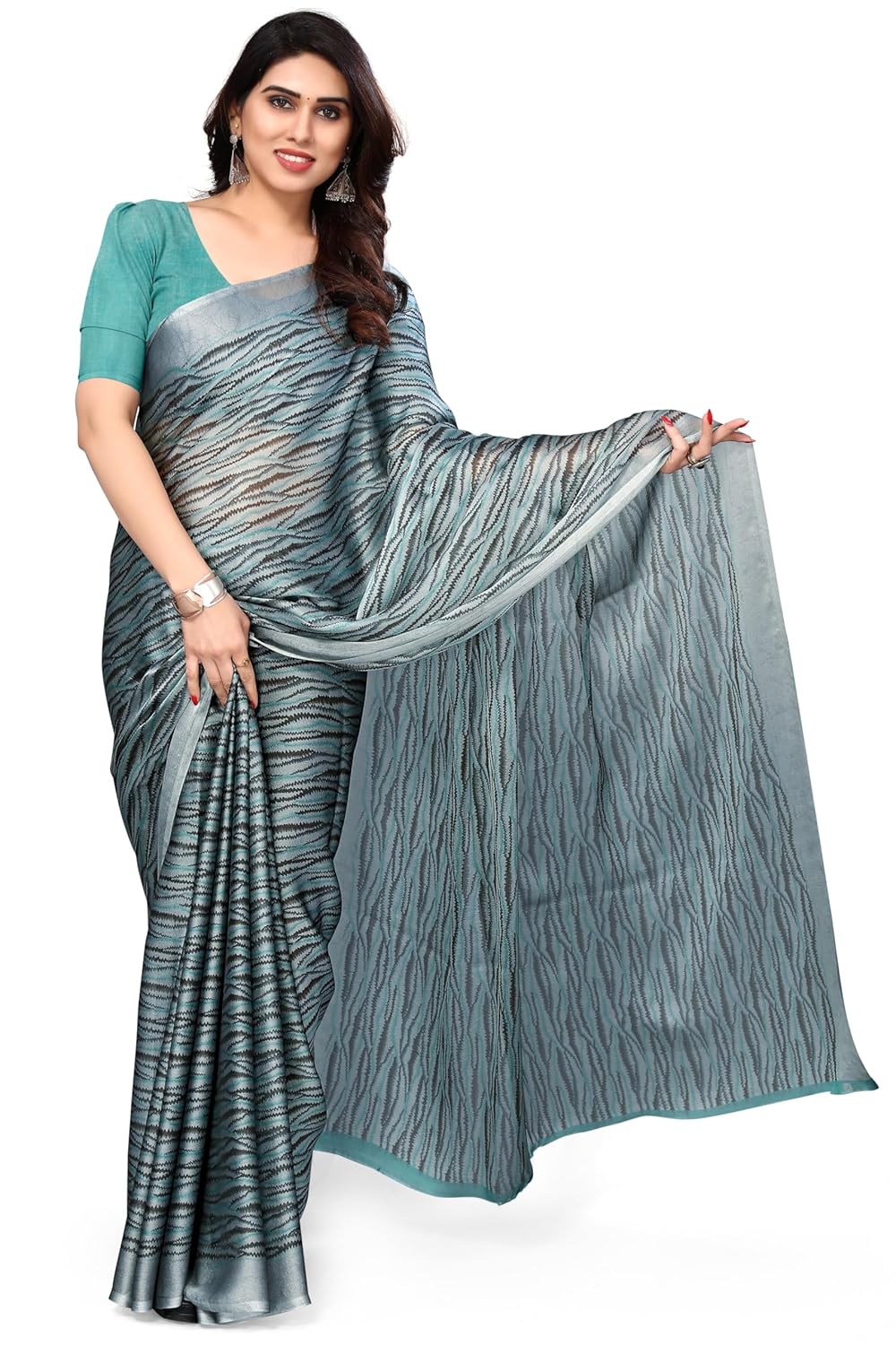 Women's Chiffon Block Printed Saree with Blouse Piece