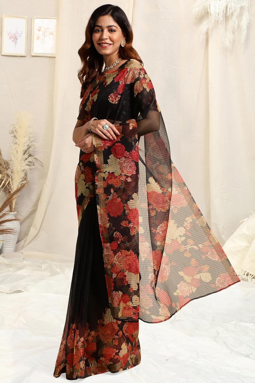 Women's Kota Floral Printed Saree with Blouse Piece