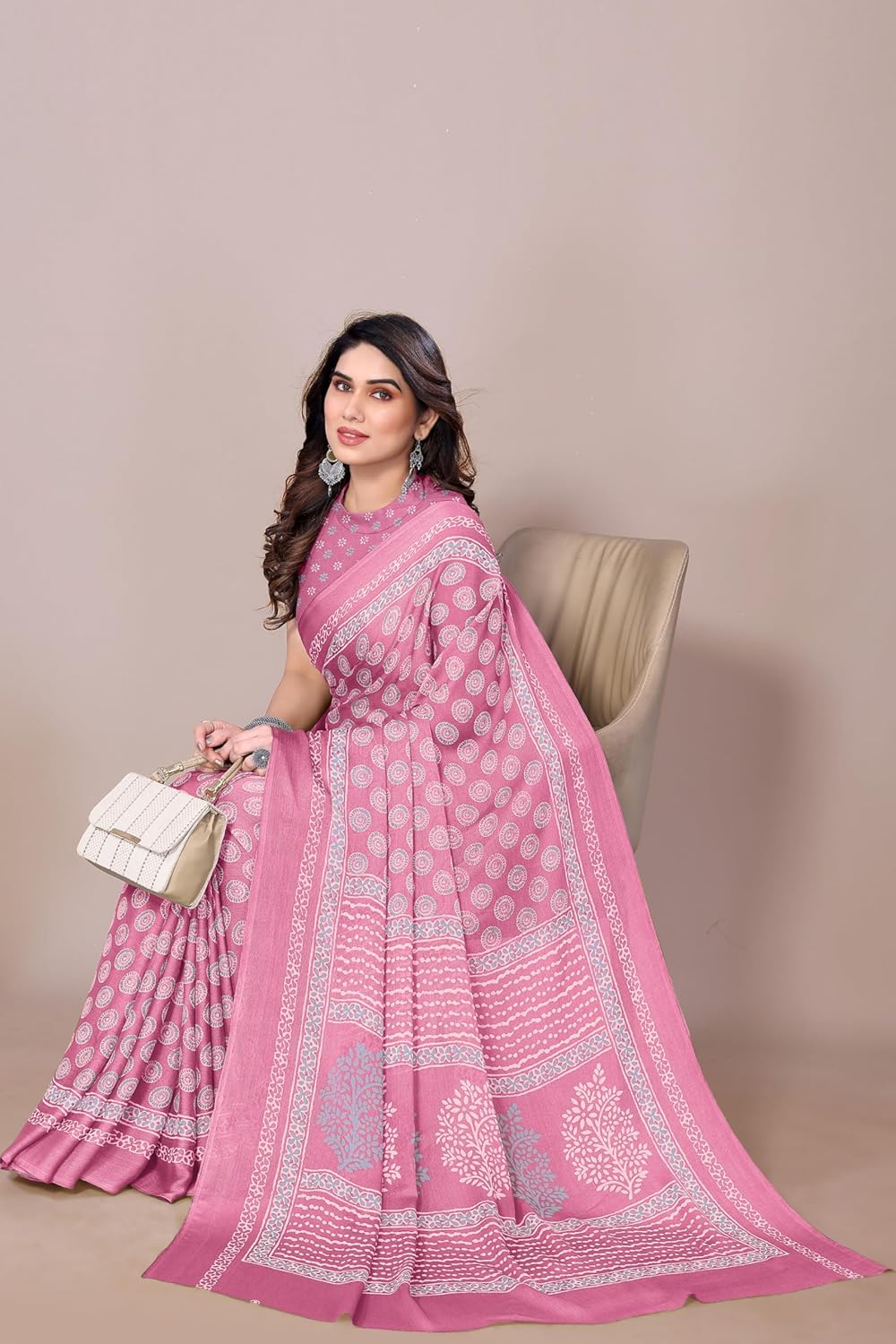 Women's Chiffon Block Printed Saree with Blouse Piece