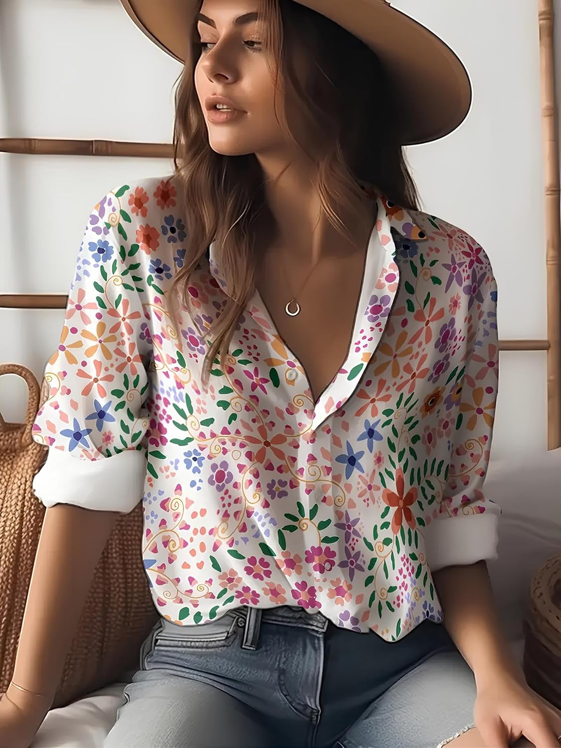 Gufrina Shirt for Women| Long Shirt for Women| Floral Print | Button-Down Western Shirt| Roll-Up Sleeves| Casual Relaxed Fit for Women