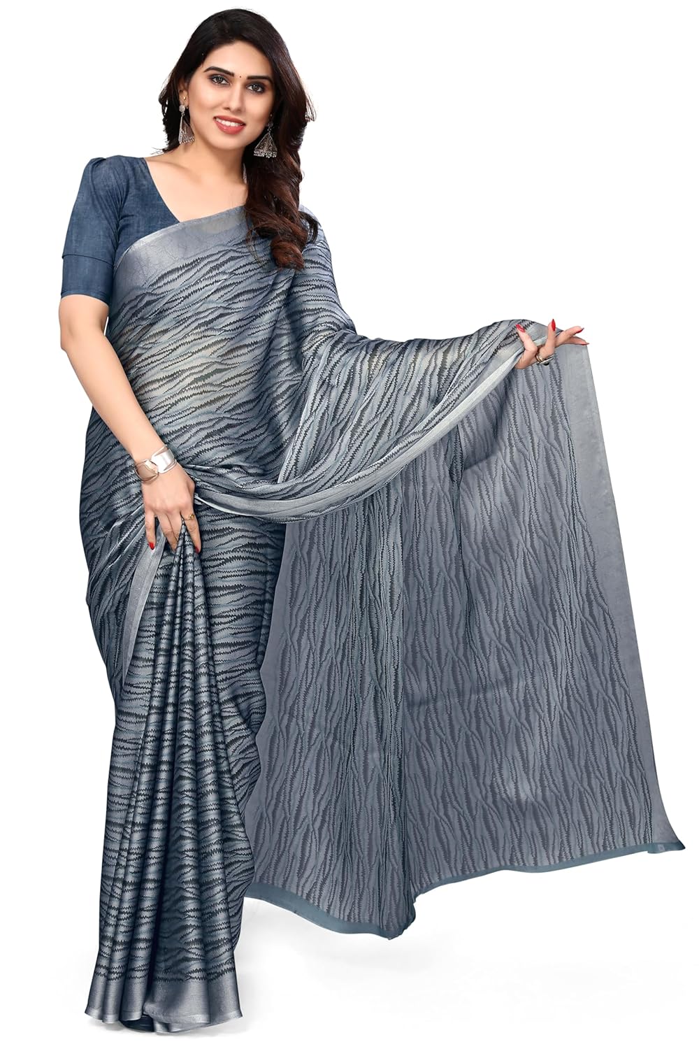 Women's Chiffon Block Printed Saree with Blouse Piece