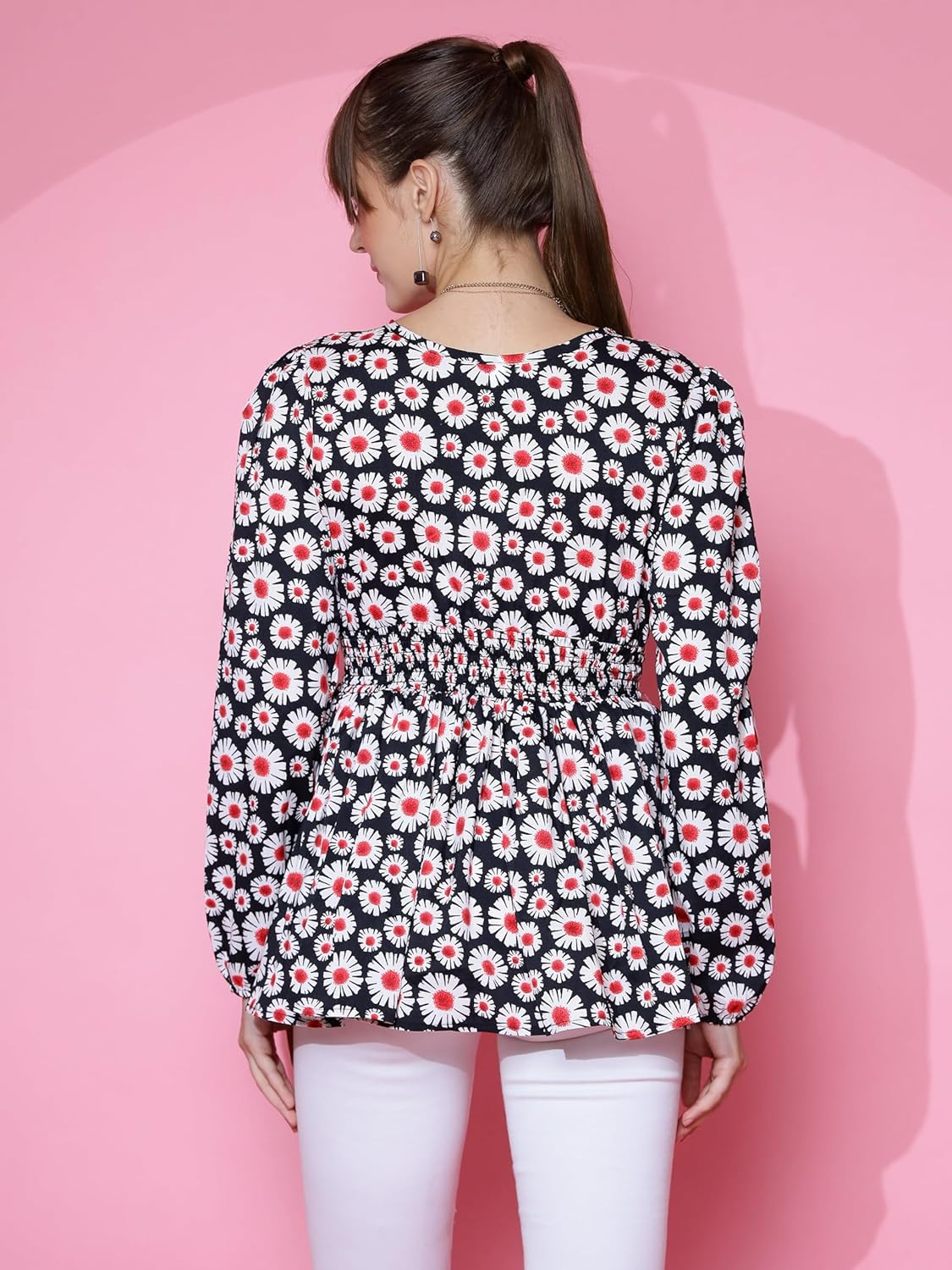 Sheetal Associates Women's Casual Bishop Sleeves Polka Print Peplum Top