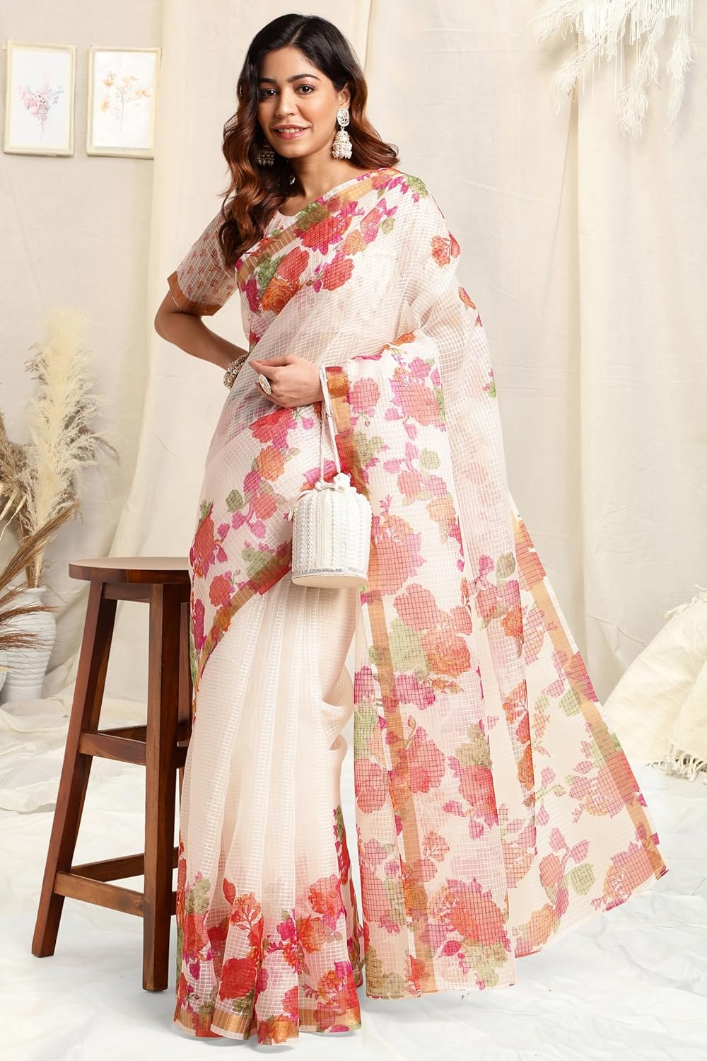 Women's Kota Floral Printed Saree with Blouse Piece