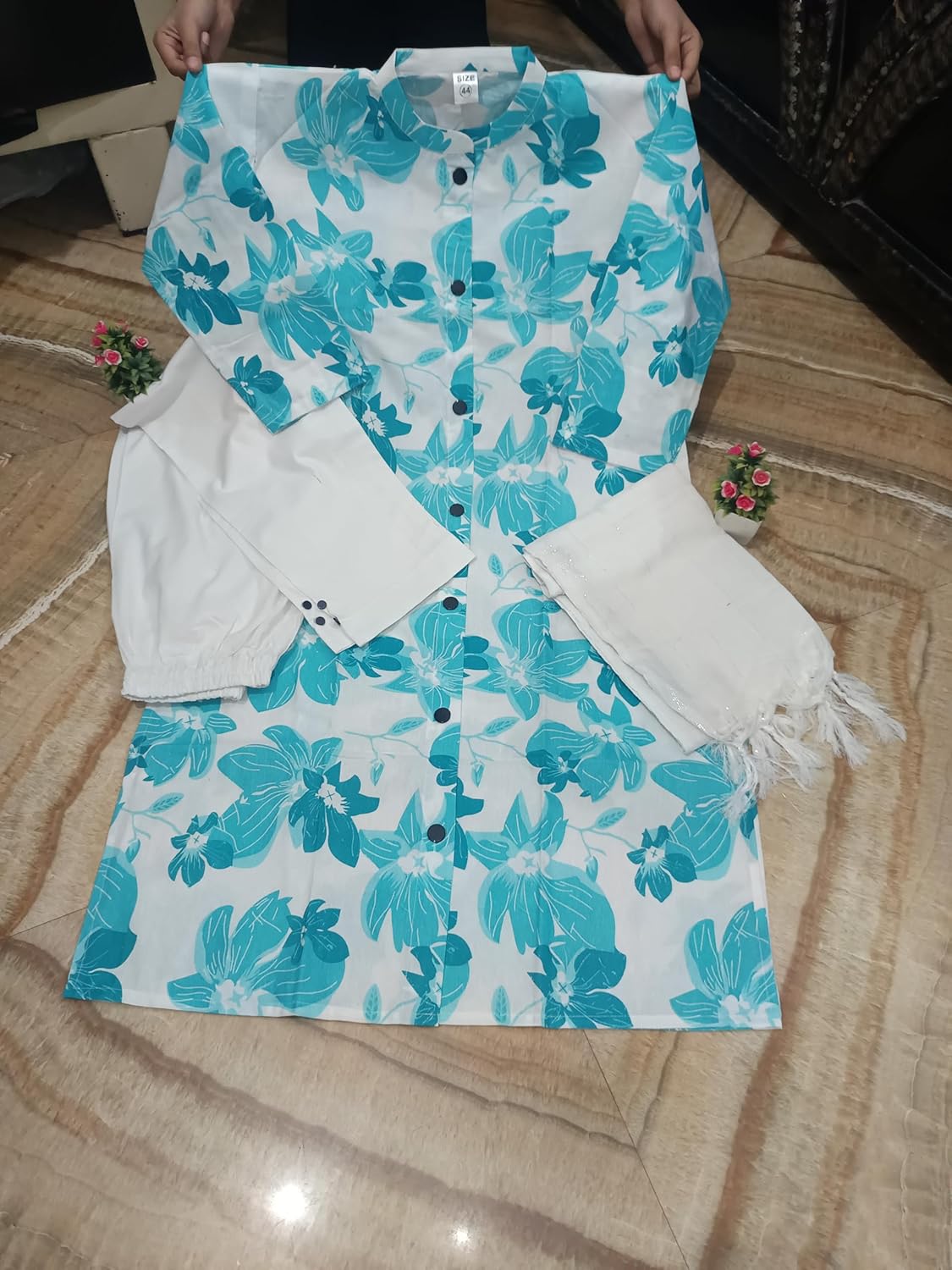 Women's Cotton Floral Print Kurti Pant Set with Dupatta