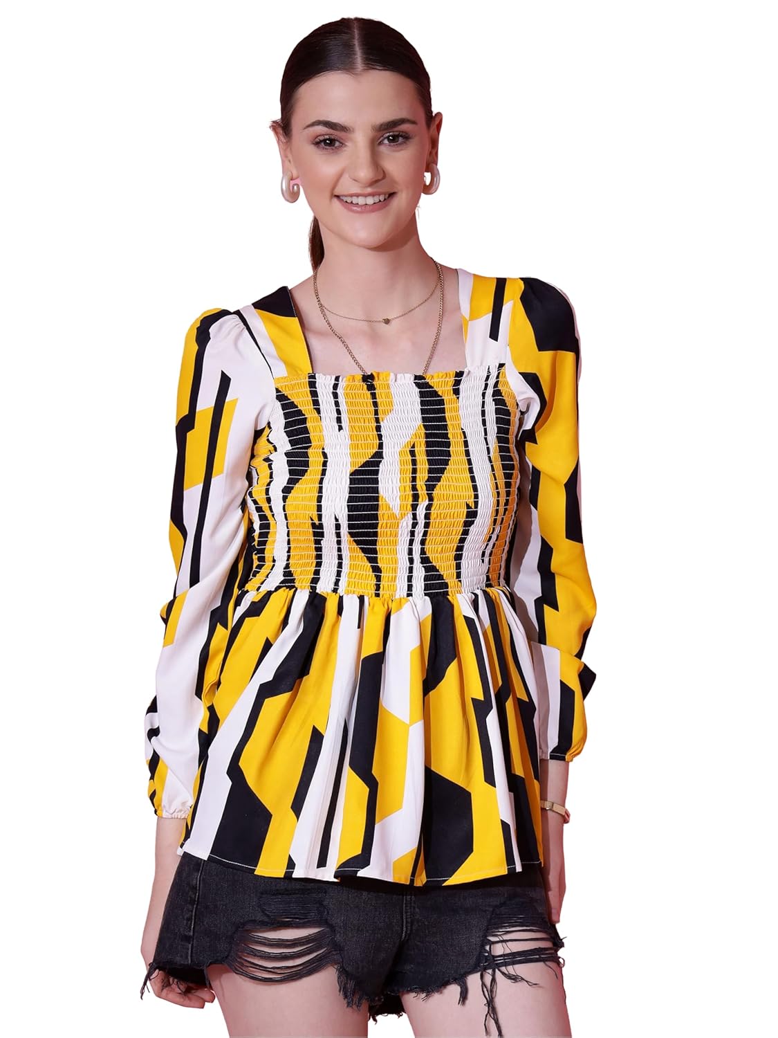 Sheetal Associates Women's Crepe Puff Sleeves Peplum Top with Floral Printed Regular Fit Full Sleeve and V-Neck Maxi Length