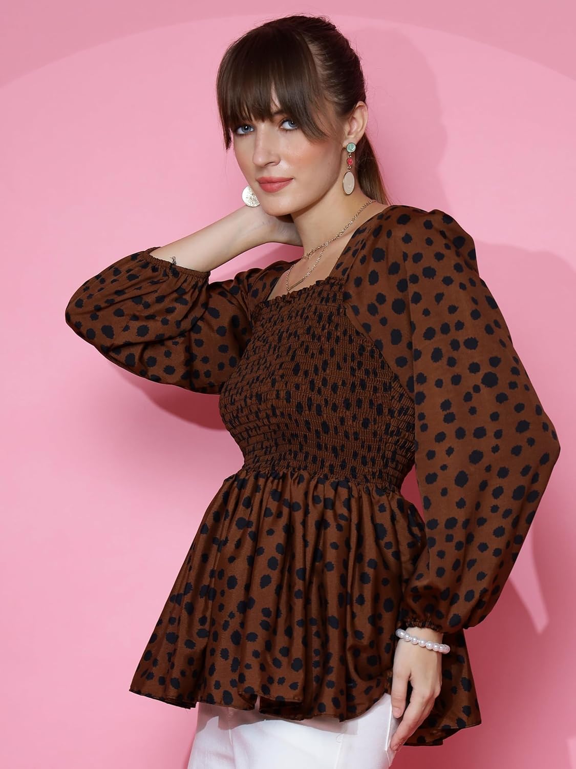 Sheetal Associates Women's Casual Bishop Sleeves Polka Print Peplum Top