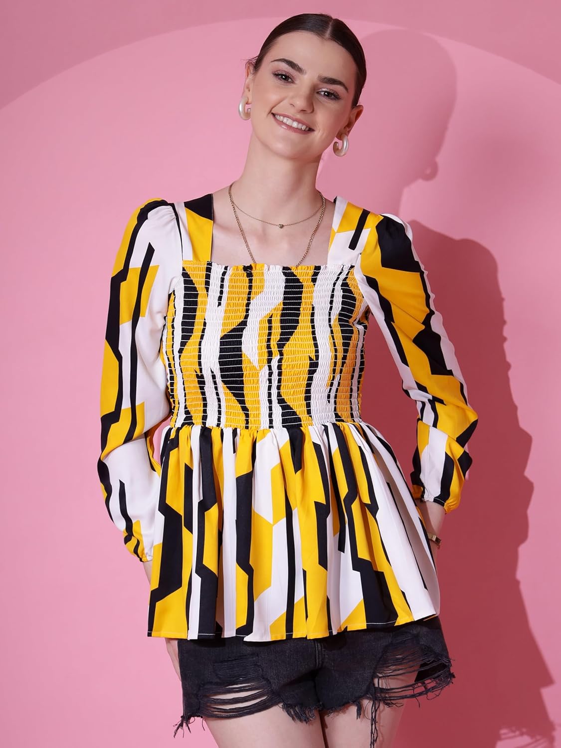Sheetal Associates Women's Crepe Puff Sleeves Peplum Top with Floral Printed Regular Fit Full Sleeve and V-Neck Maxi Length