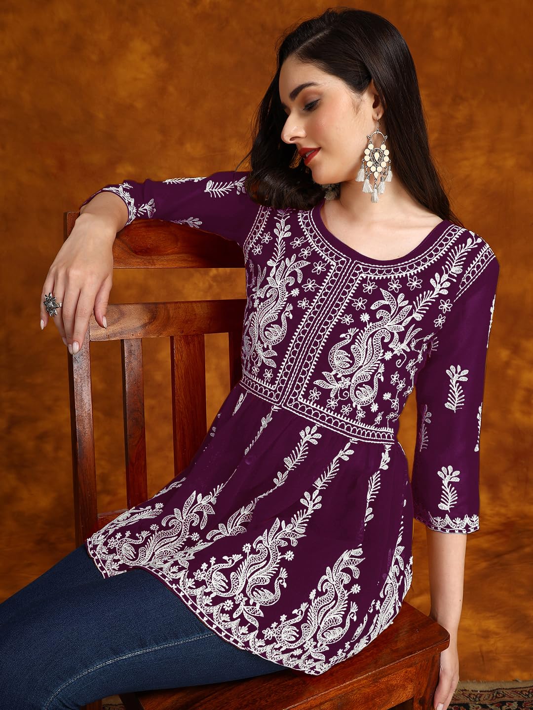 EthnicJunction Georgette Women Chikan Embroidery