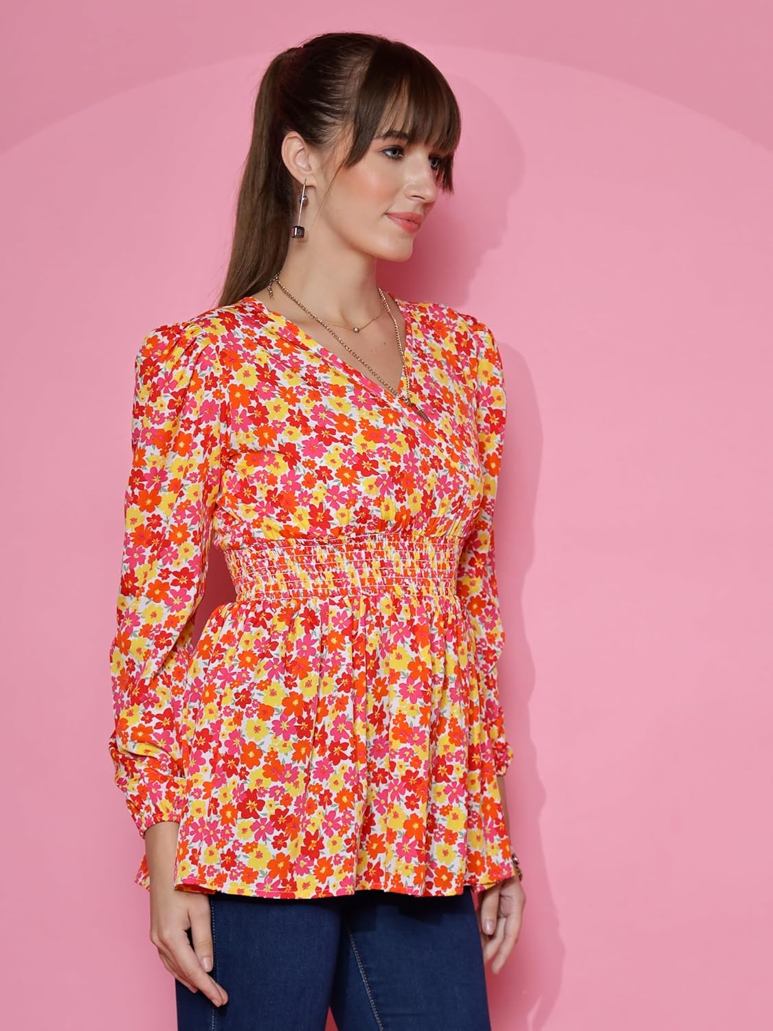 Sheetal Associates Women's Casual Bishop Sleeves Polka Print Peplum Top