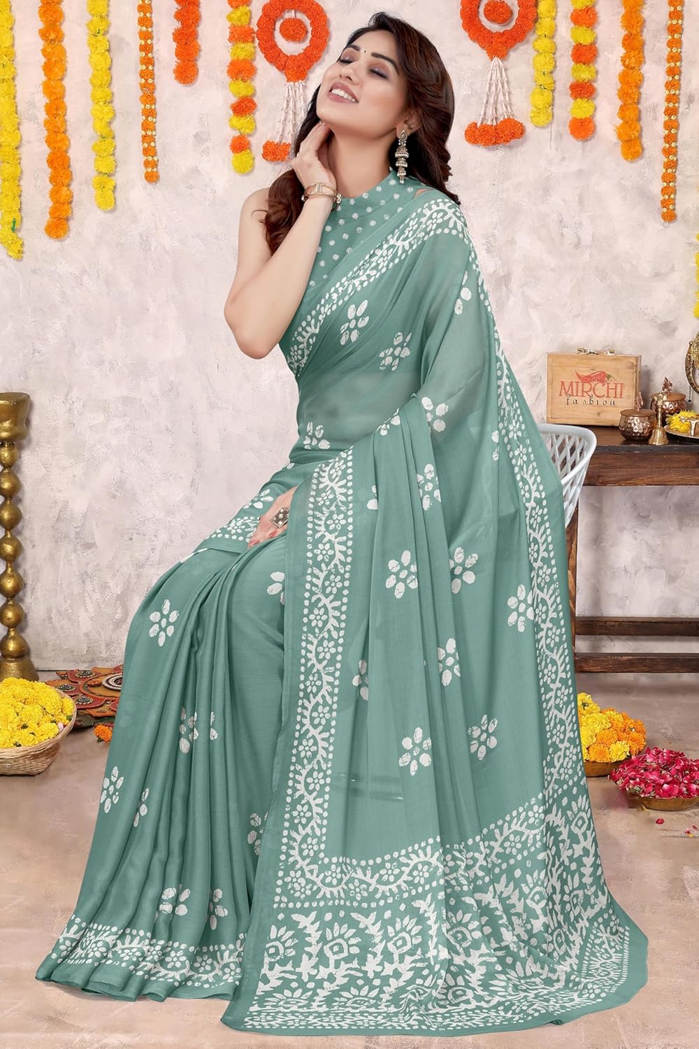 Women's Latest Chiffon Batik Printed Saree with Blouse Piece