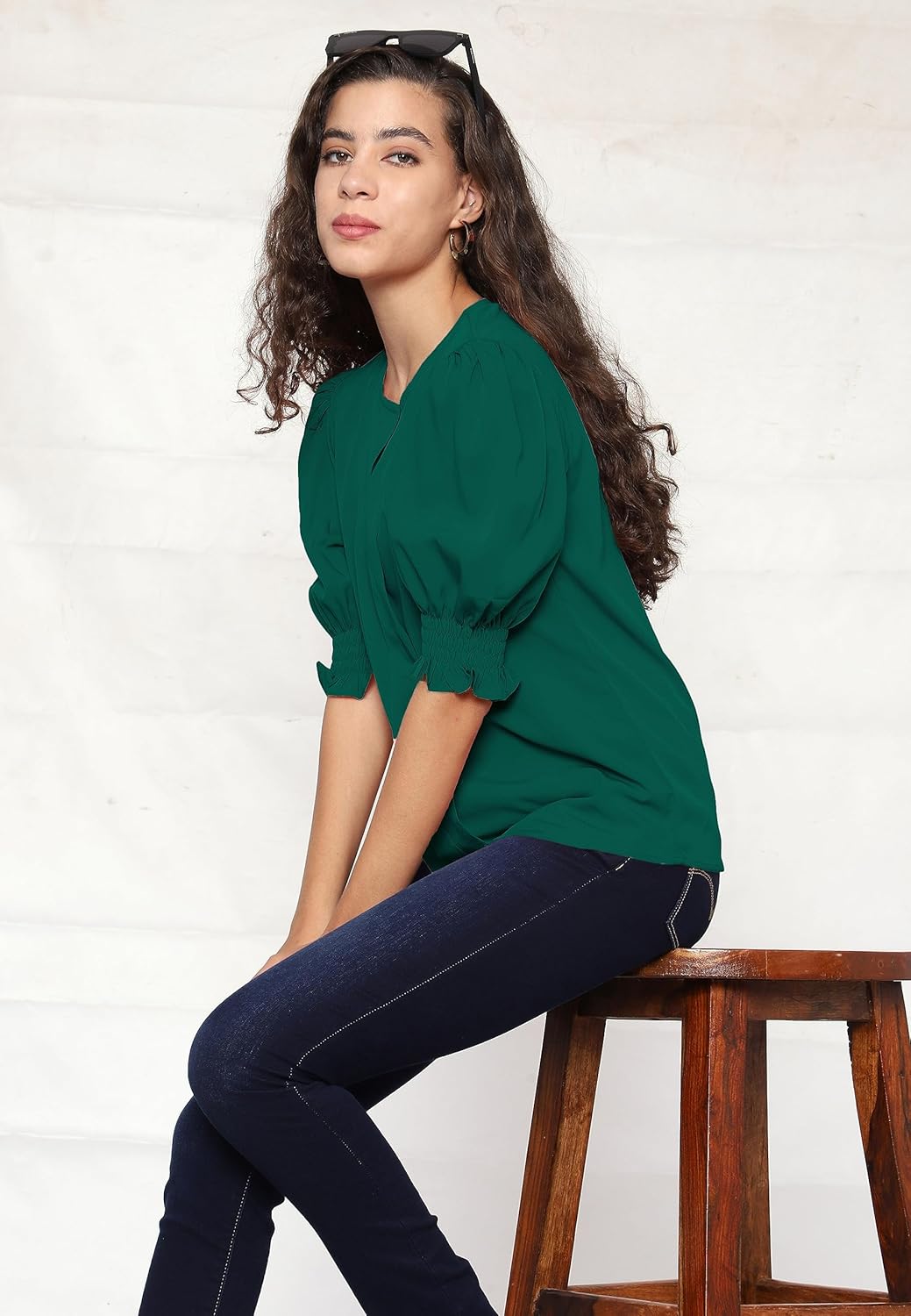 AntiQa Solid Puff Sleeve Top for Women Stylish Western - Casual V-Neck Ruffle Sleeve Blouse Wear as Latest Formal Office Tunics Western Tops for Summer, Short Plain Shirt for Womens