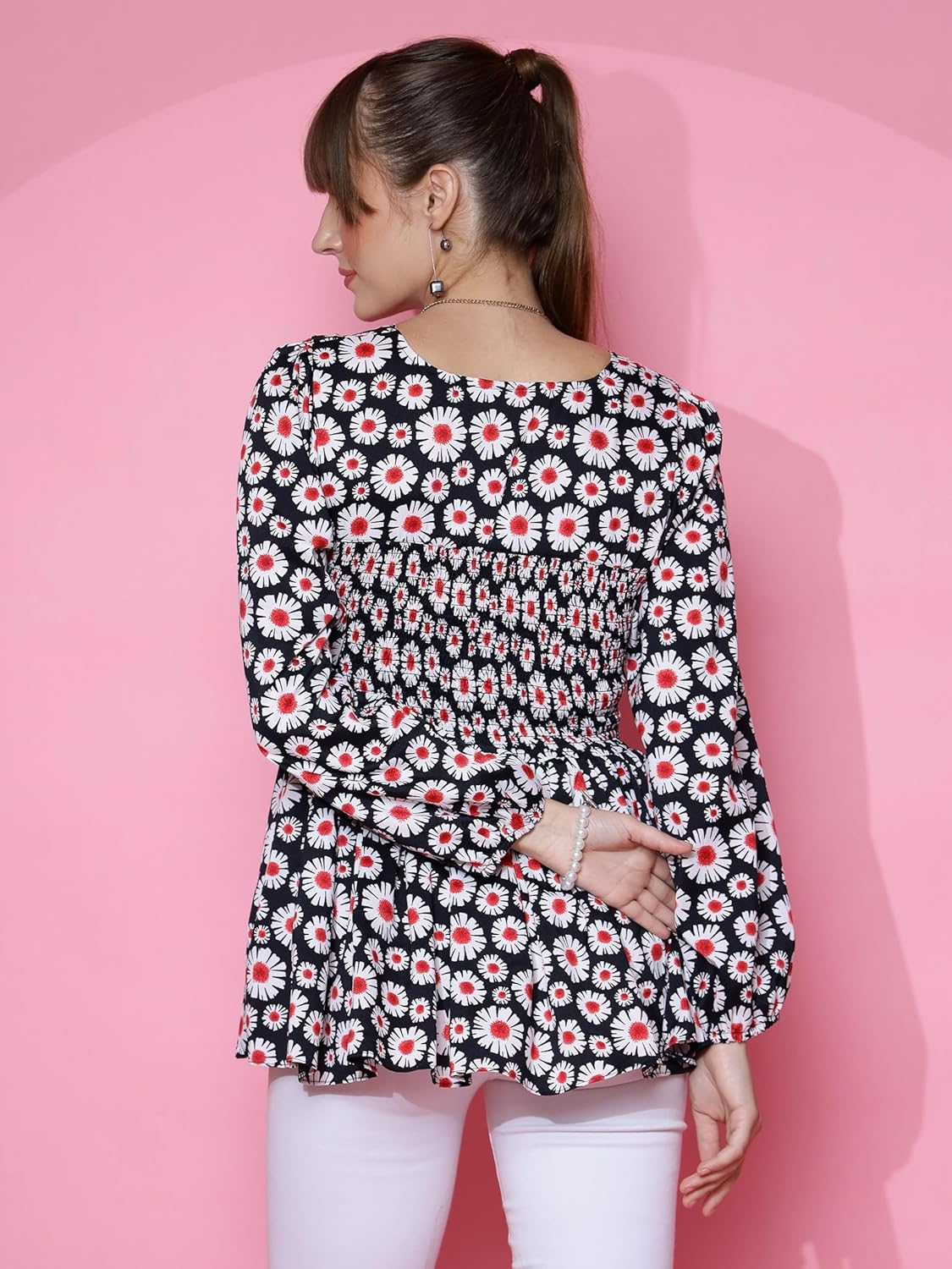 Sheetal Associates Women's Casual Bishop Sleeves Polka Print Peplum Top
