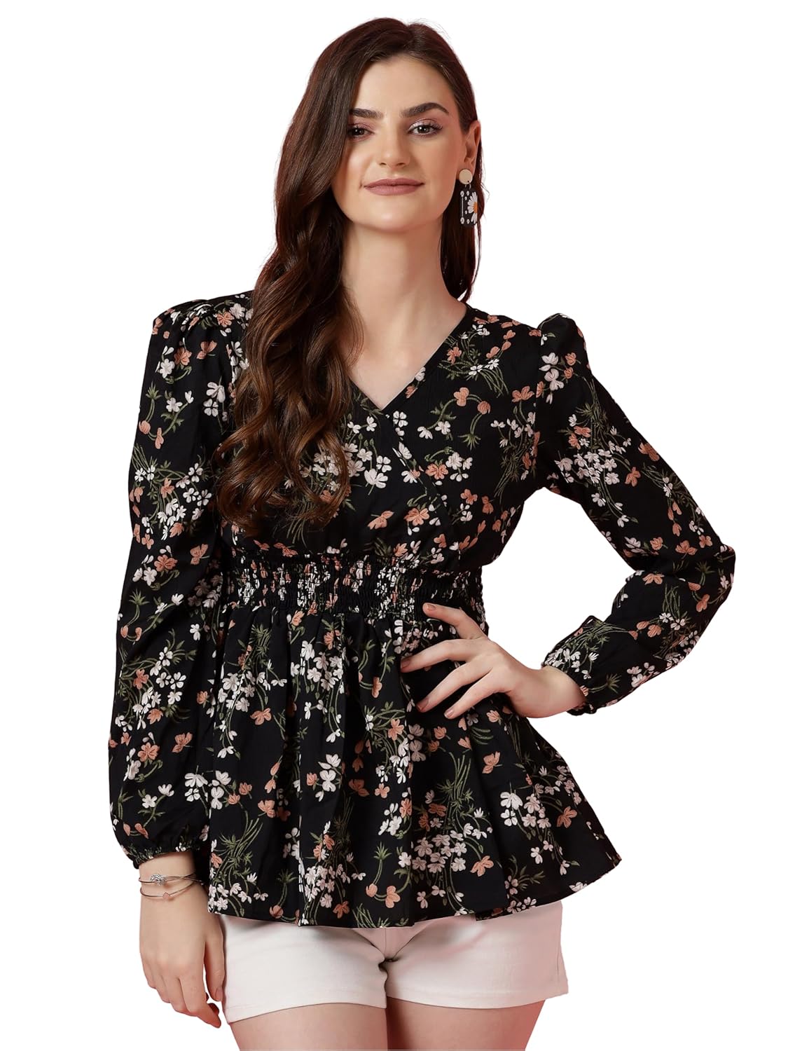 Sheetal Associates Women's Crepe Puff Sleeves Peplum Top with Floral Printed Regular Fit Full Sleeve and V-Neck Maxi Length