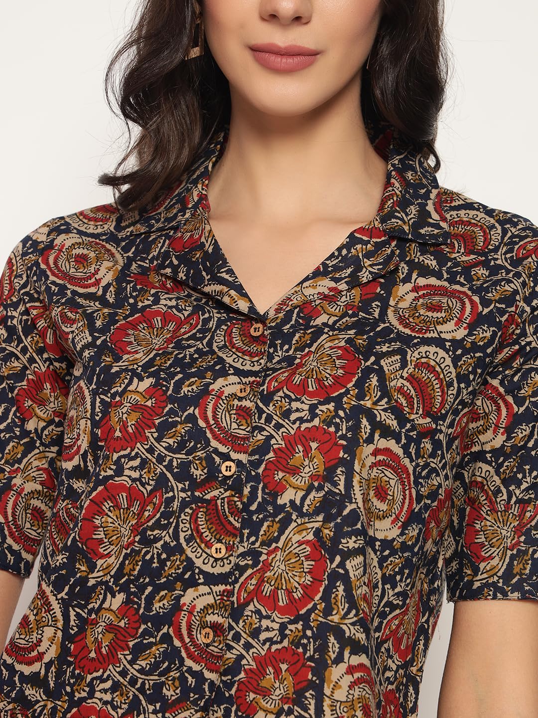 HION HILS Women's Kalamkari Printed Cuban Collar