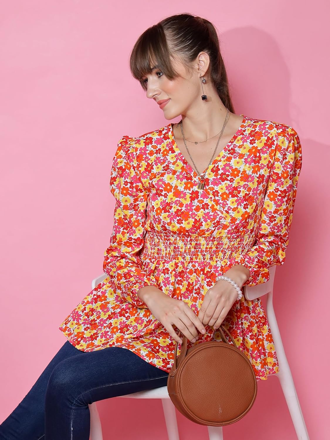 Sheetal Associates Women's Casual Bishop Sleeves Polka Print Peplum Top