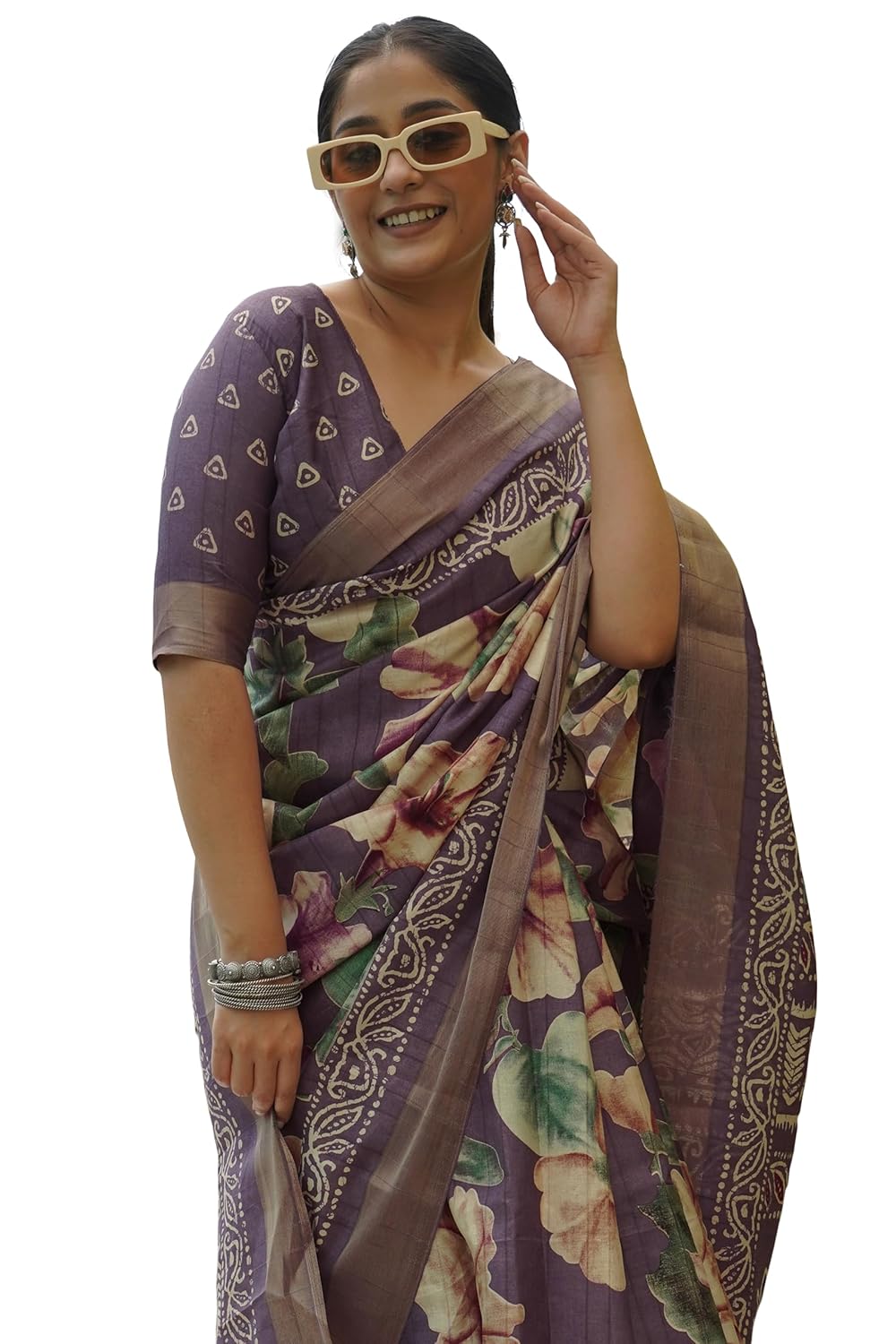 Women's Silk Blend Floral Printed Saree with Blouse Piece