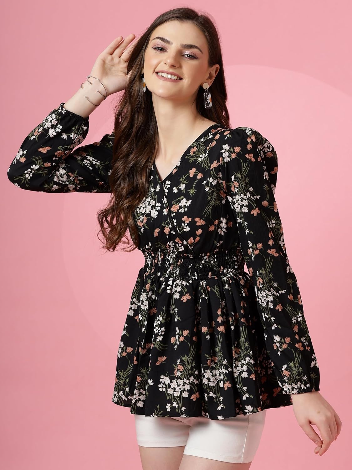 Sheetal Associates Women's Crepe Puff Sleeves Peplum Top with Floral Printed Regular Fit Full Sleeve and V-Neck Maxi Length