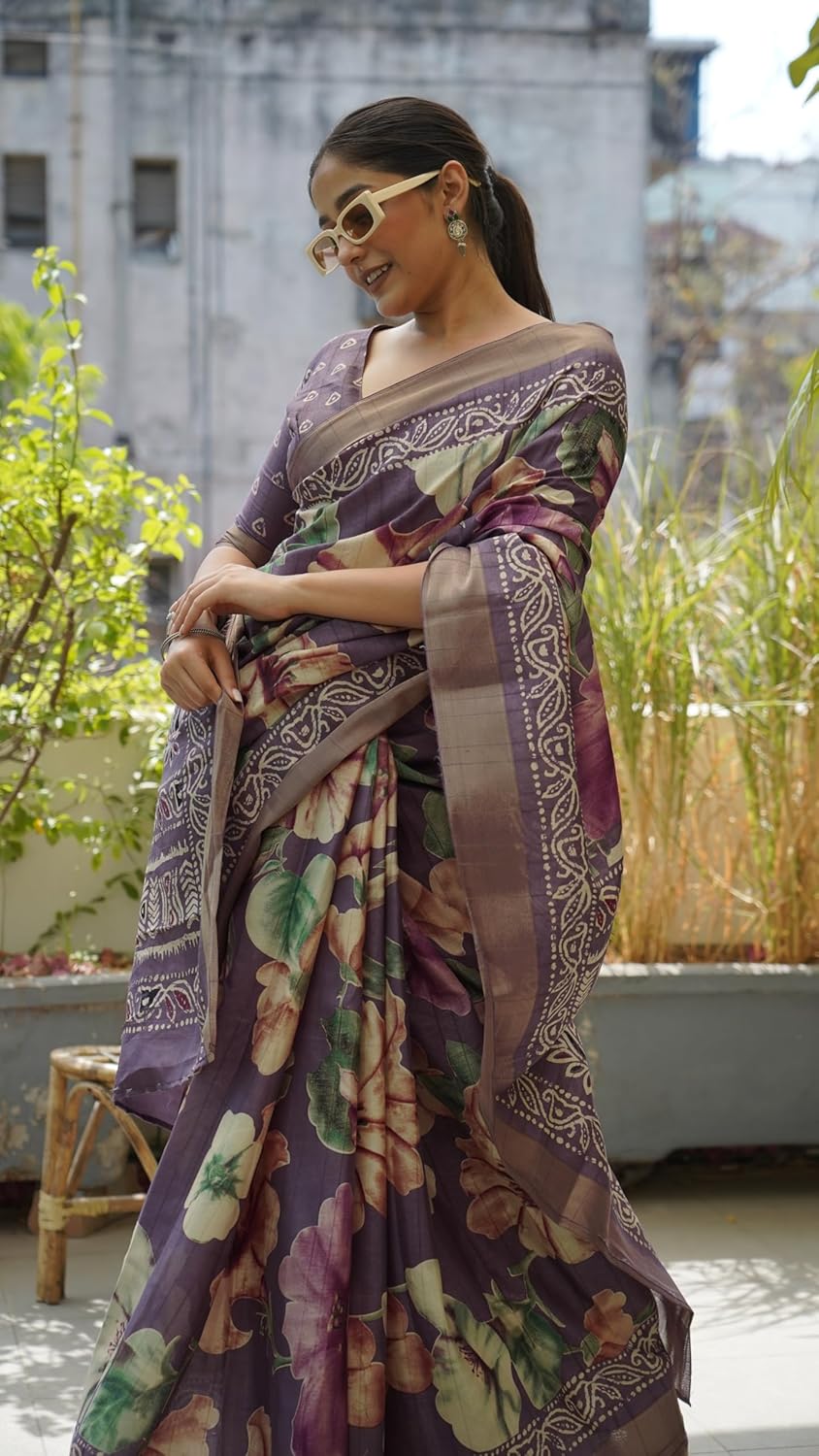 Women's Silk Blend Floral Printed Saree with Blouse Piece