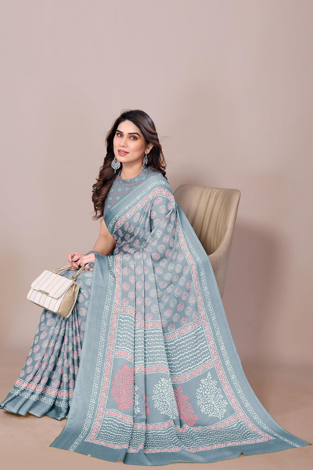 Women's Chiffon Block Printed Saree with Blouse Piece