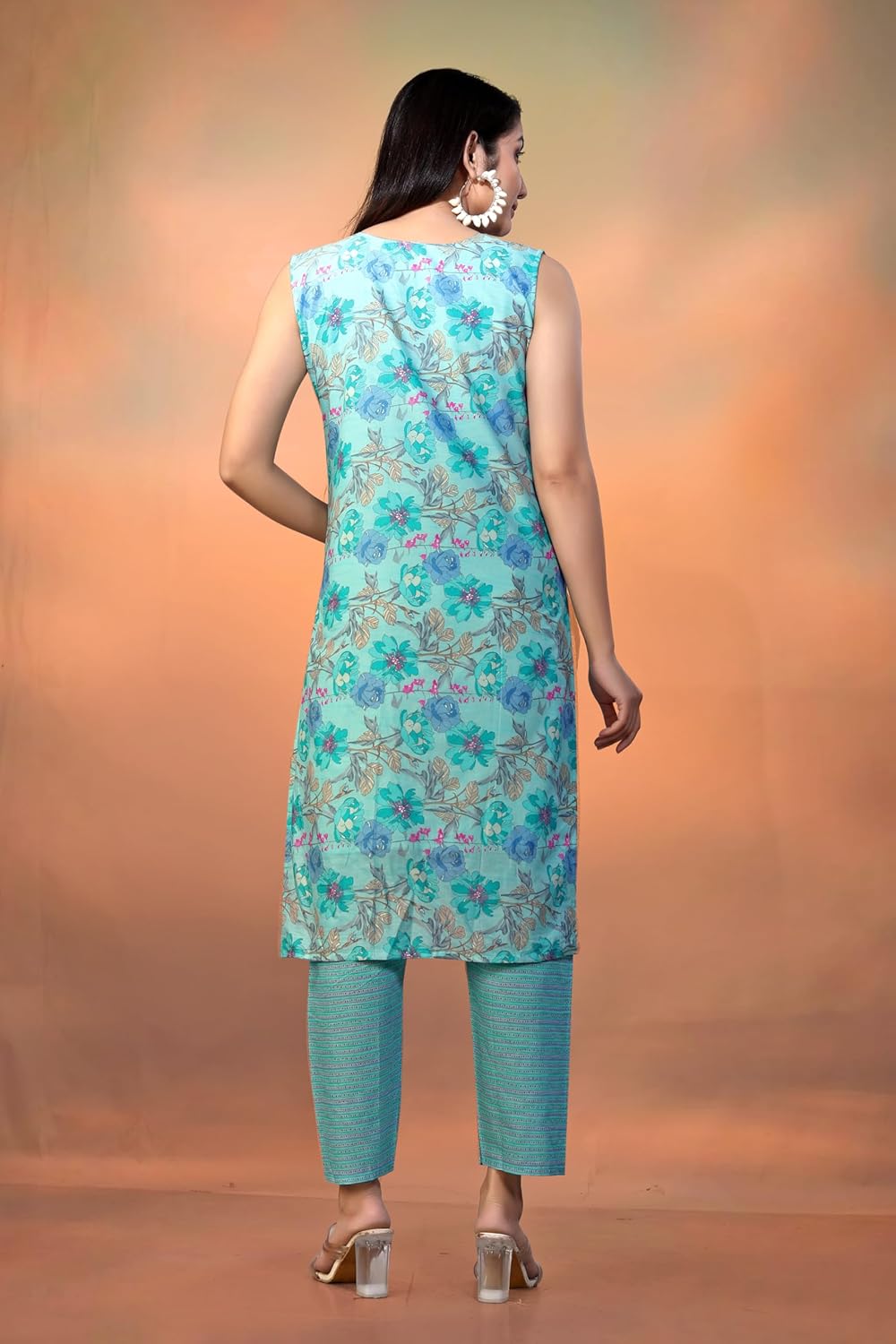Varni Fabrics Floral Print Cotton Kurti, Sleeveless V-Neck