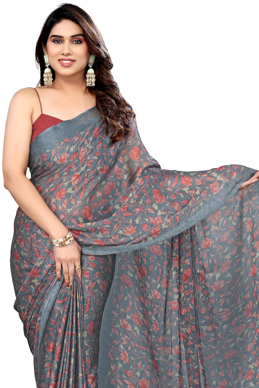 Women's Chiffon Floral Printed Saree with Blouse Piece