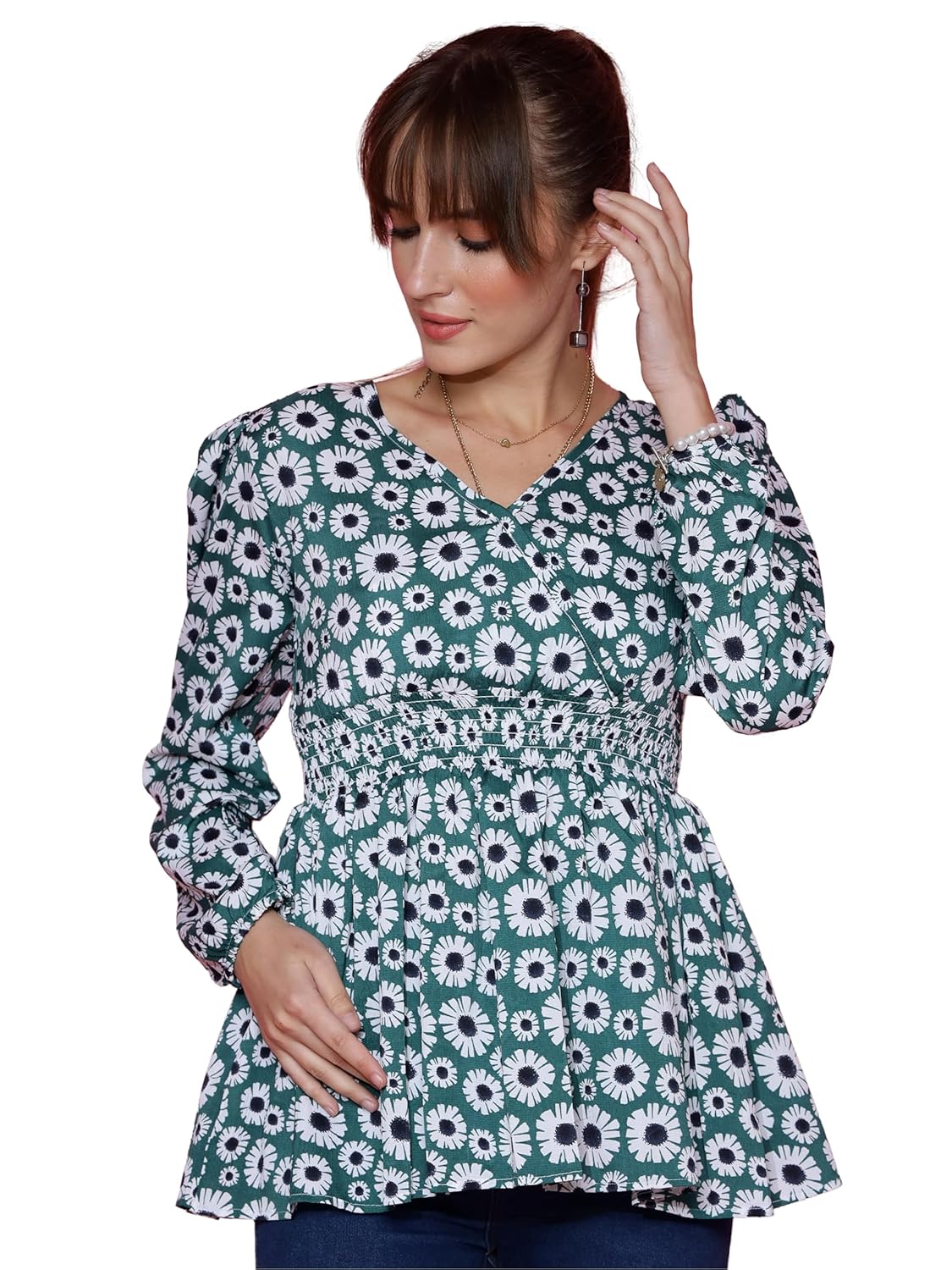 Sheetal Associates Women's Casual Bishop Sleeves Polka Print Peplum Top