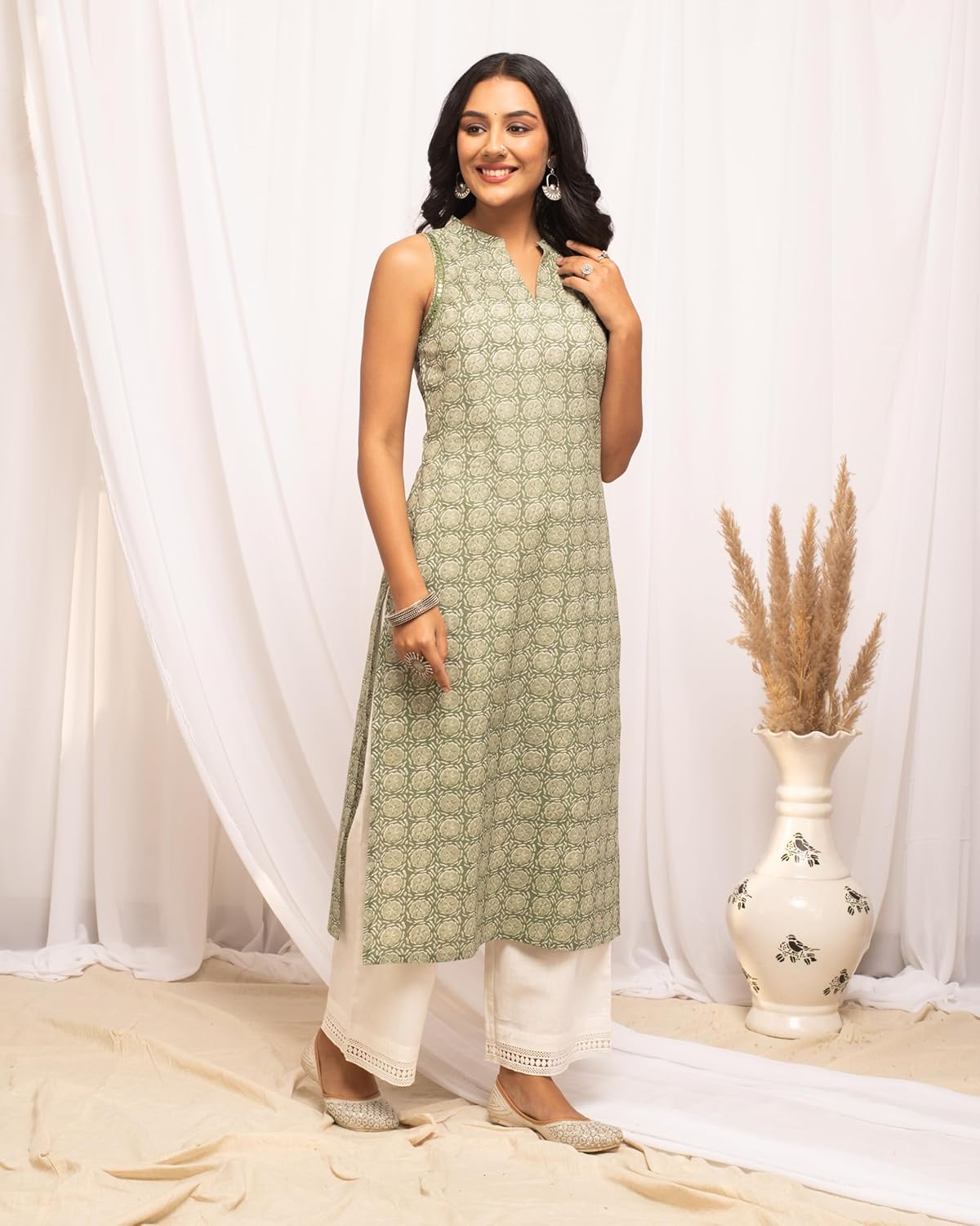 FIORRA Women's Light Green Floral Printed Cotton
