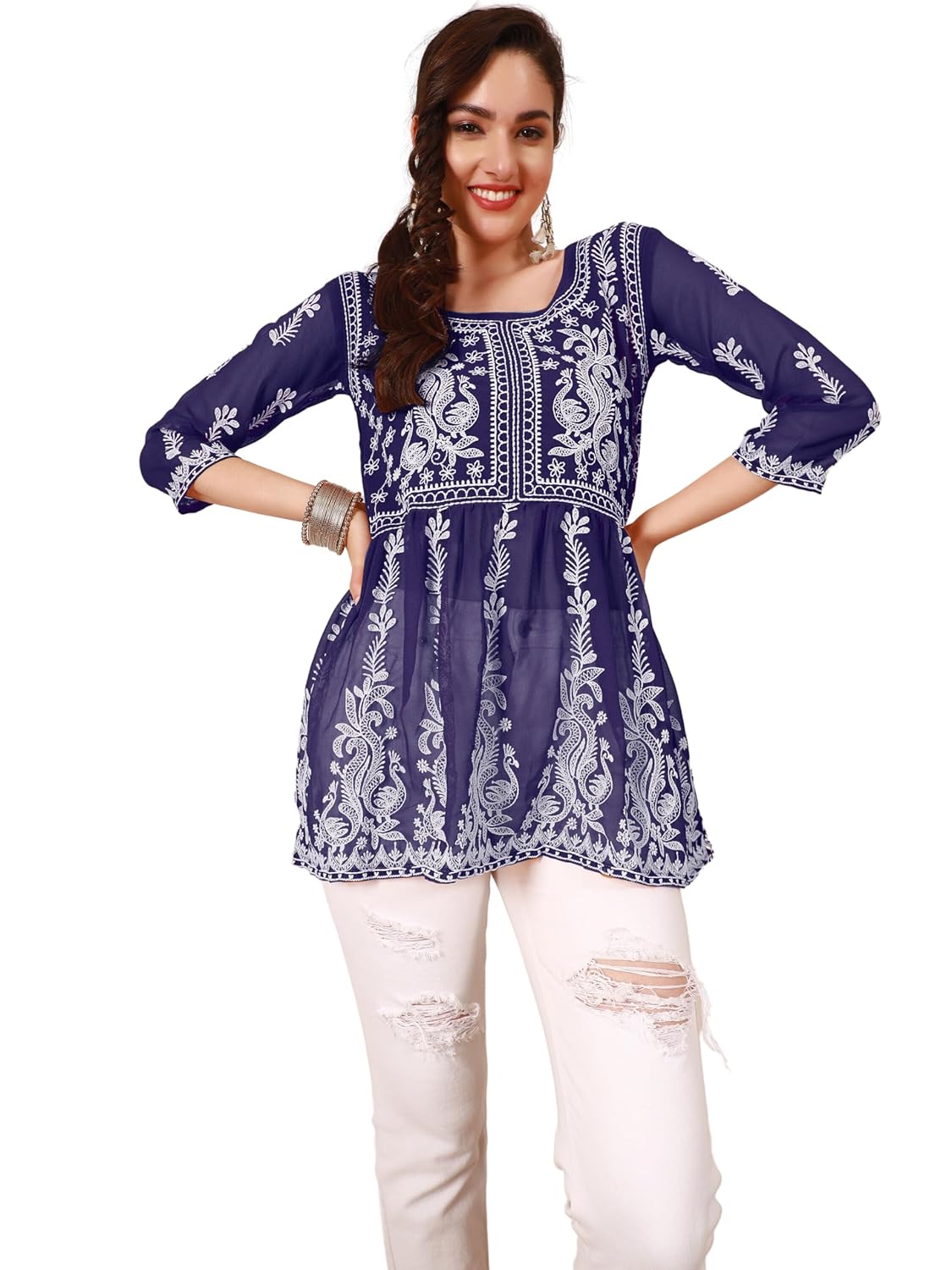 EthnicJunction Georgette Women Chikan Embroidery
