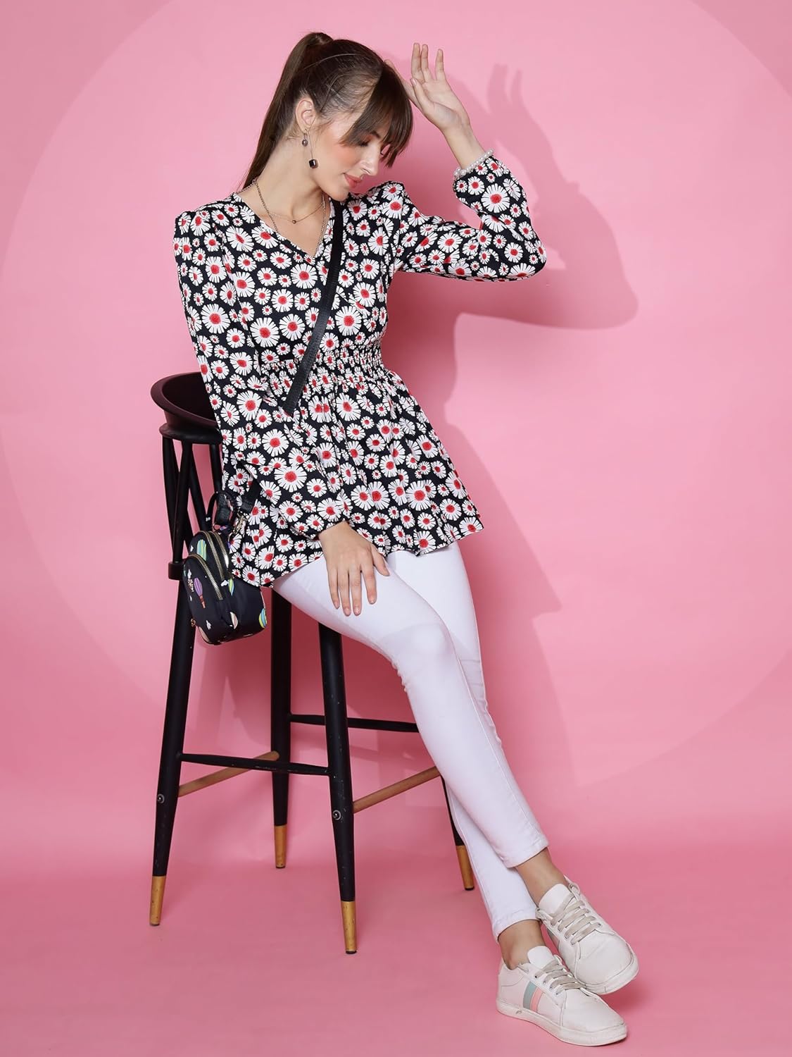 Sheetal Associates Women's Casual Bishop Sleeves Polka Print Peplum Top