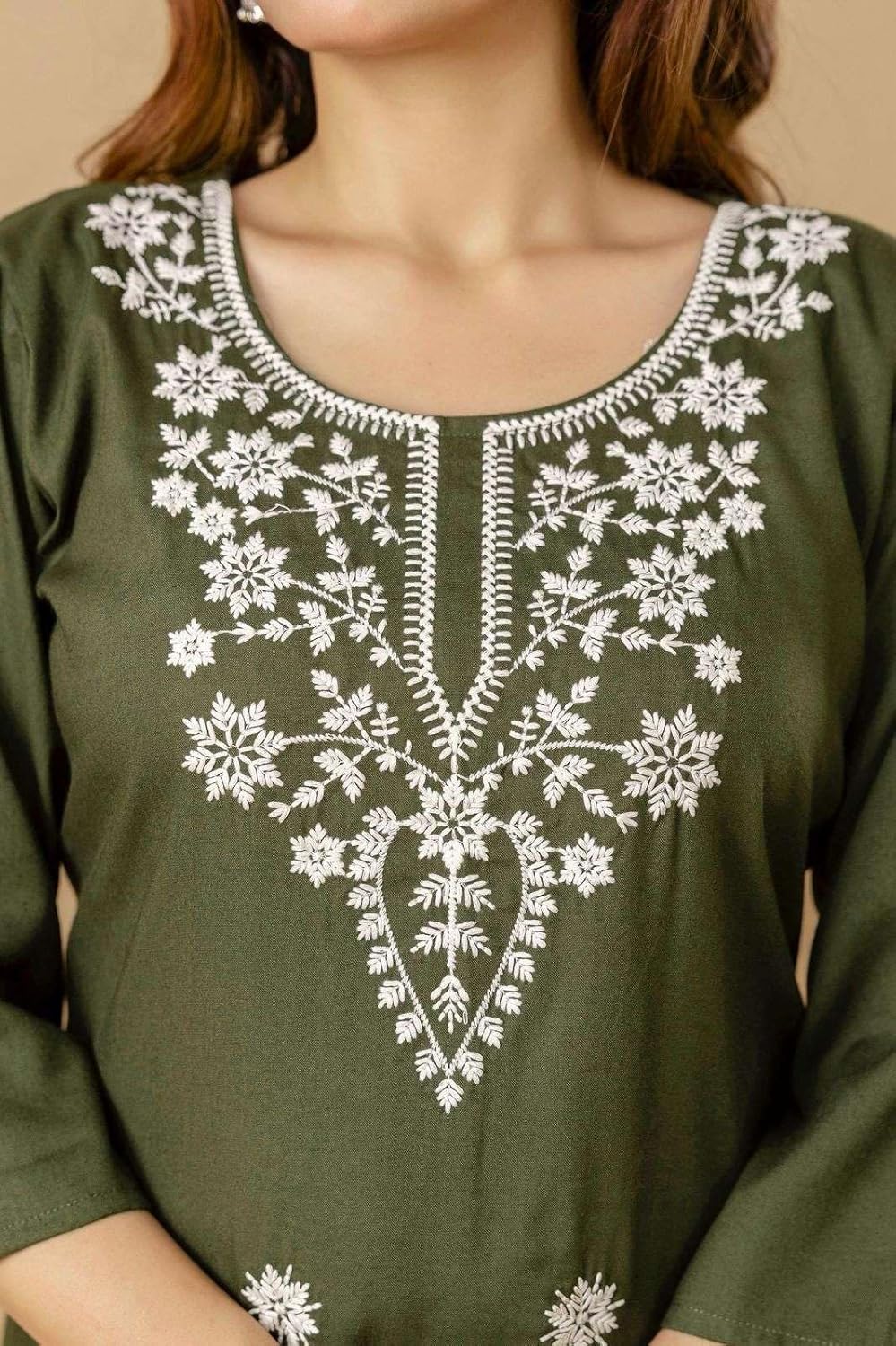 Women's Cotton Kurti with White Floral Embroidery