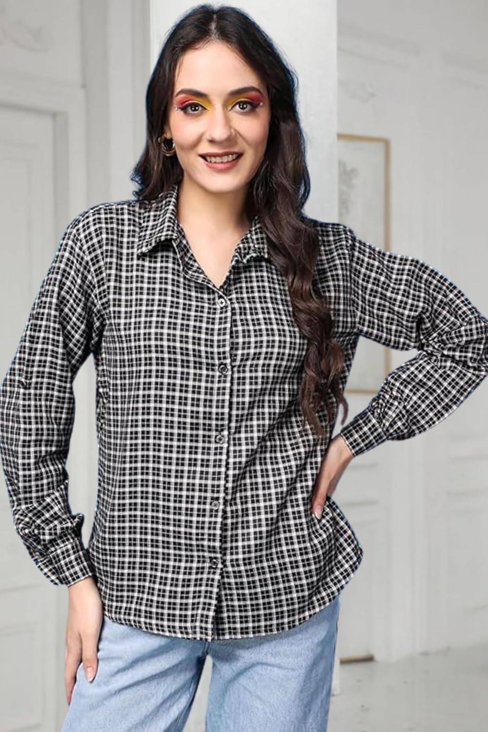 POPWINGS Casual Checks Print Shirt for Women