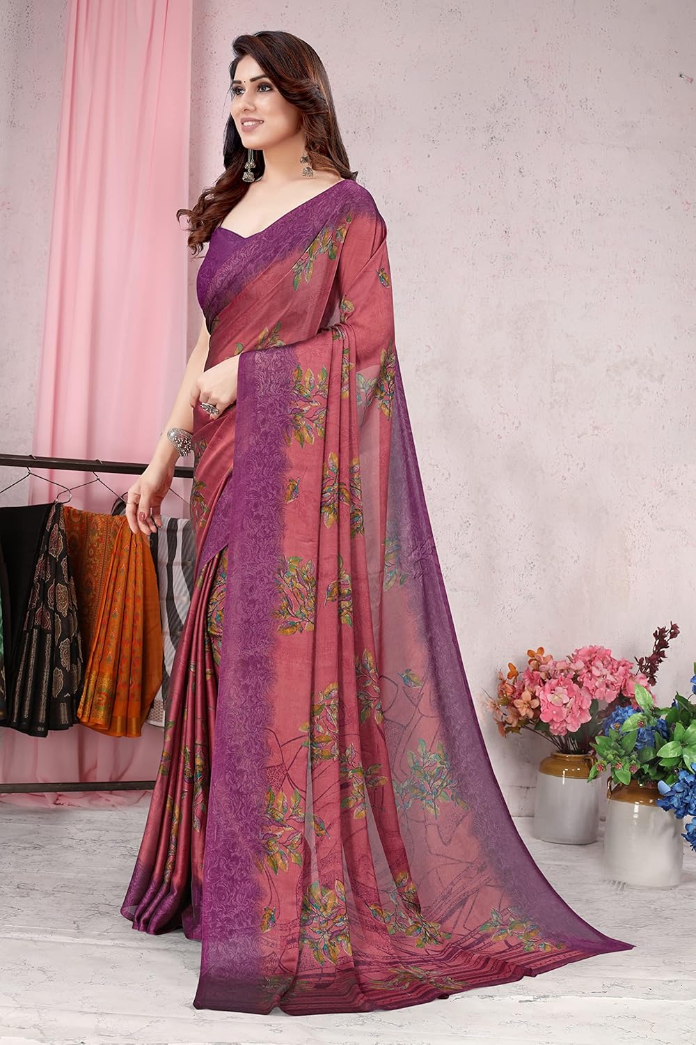 Women's Stylish Chiffon Print Saree with Blouse Piece