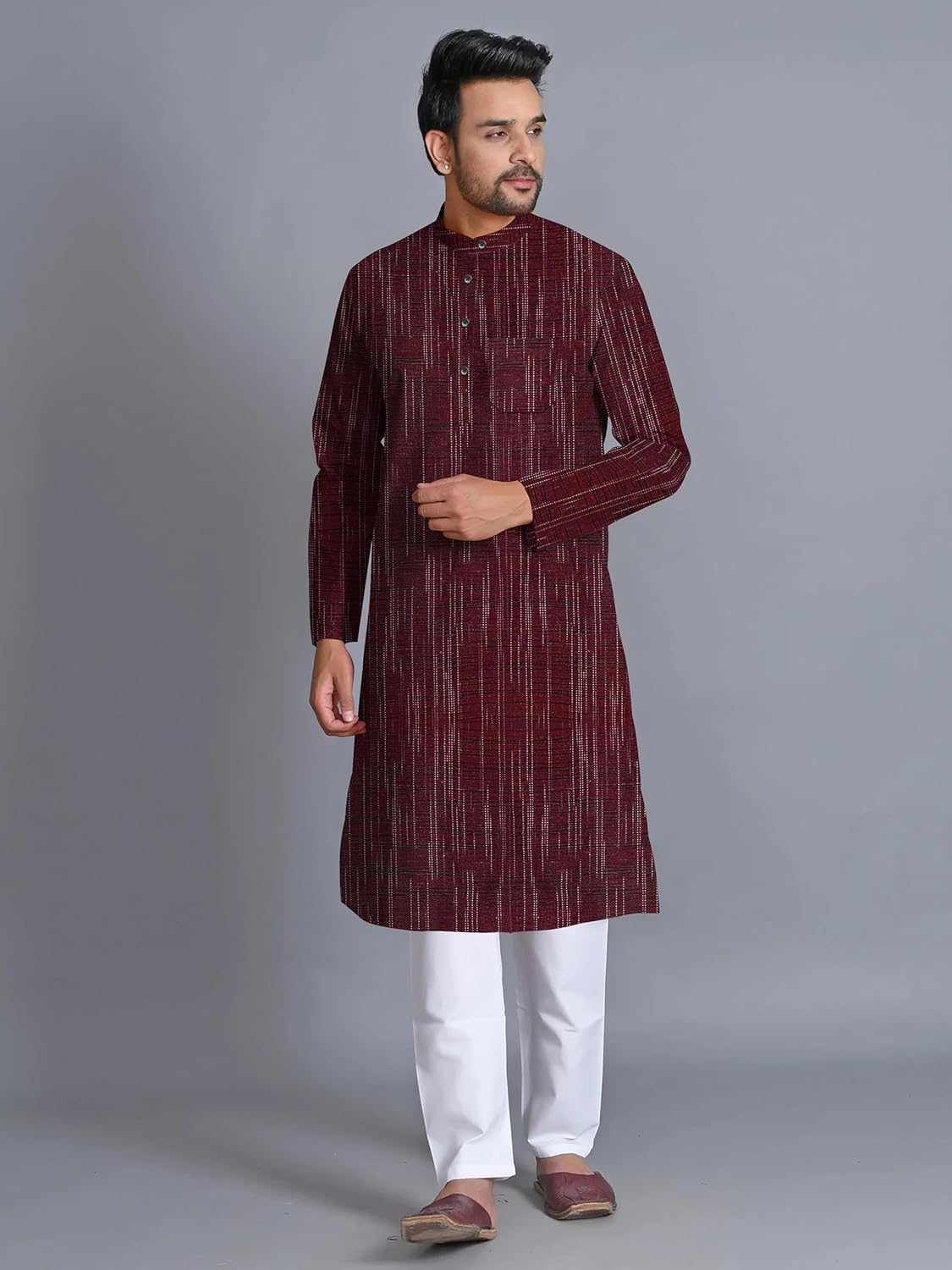 Men's Cotton Blend Full Sleeves Striped Long Ethnic Kurta