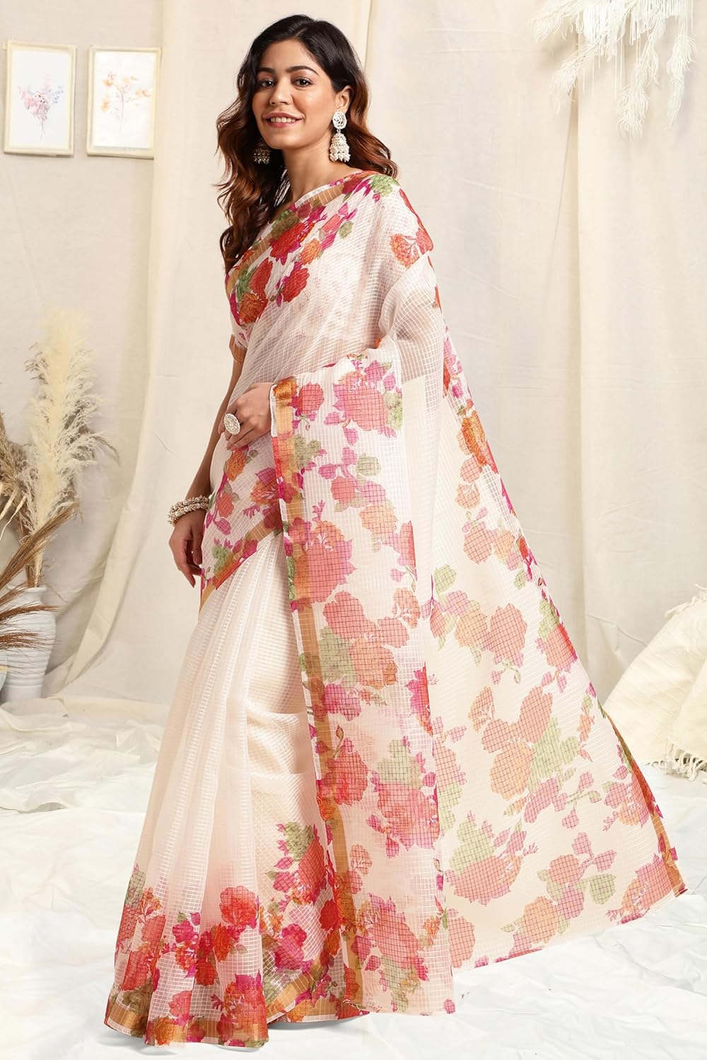 Women's Kota Floral Printed Saree with Blouse Piece