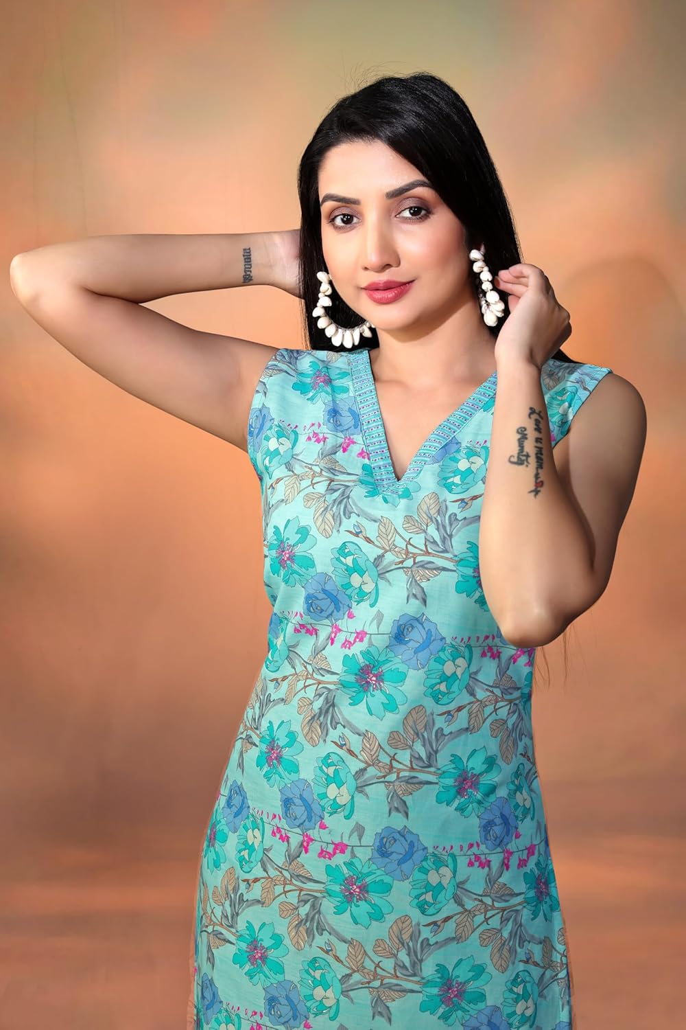 Varni Fabrics Floral Print Cotton Kurti, Sleeveless V-Neck