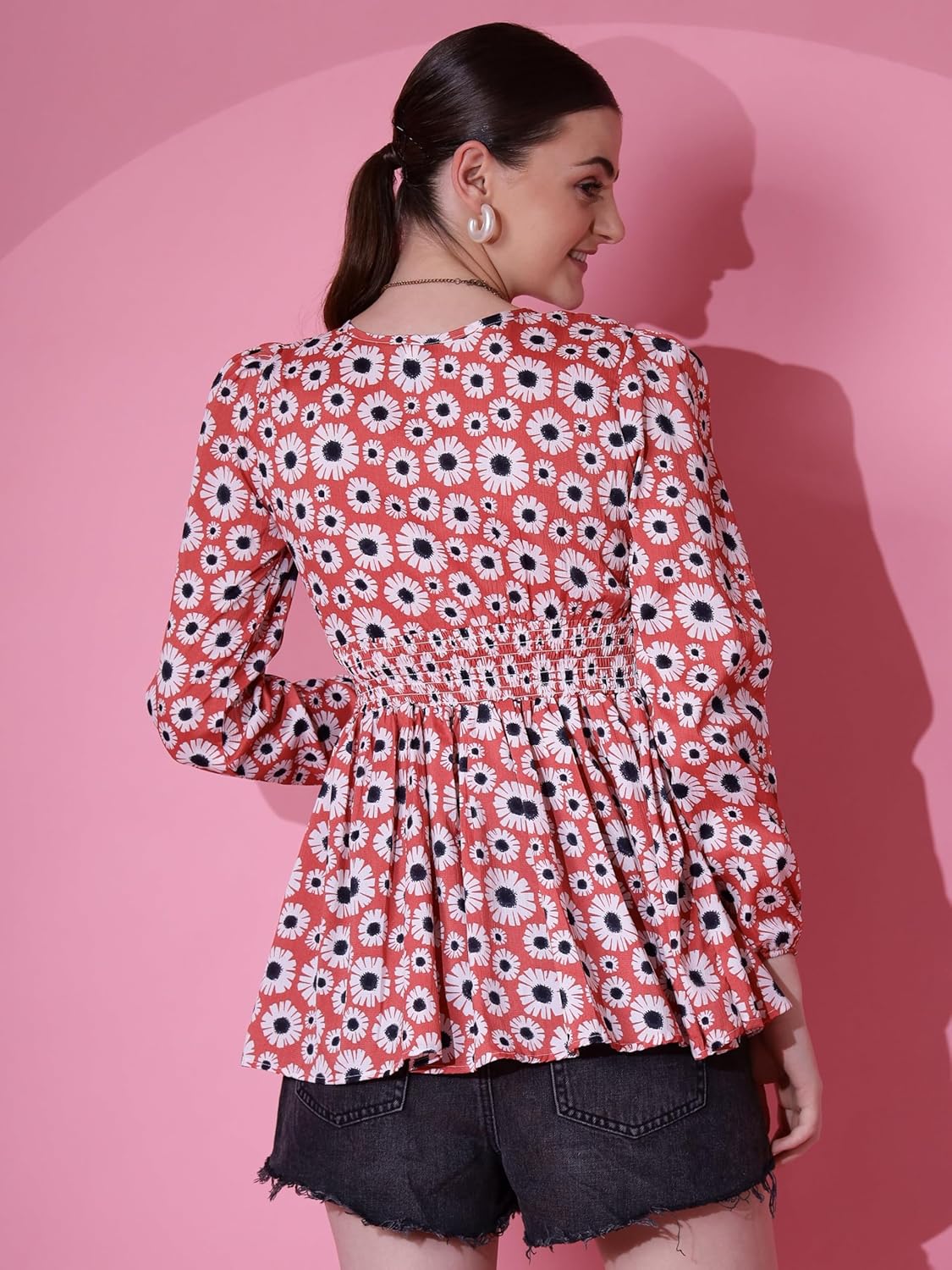 Sheetal Associates Women's Crepe Puff Sleeves Peplum Top with Floral Printed Regular Fit Full Sleeve and V-Neck Maxi Length