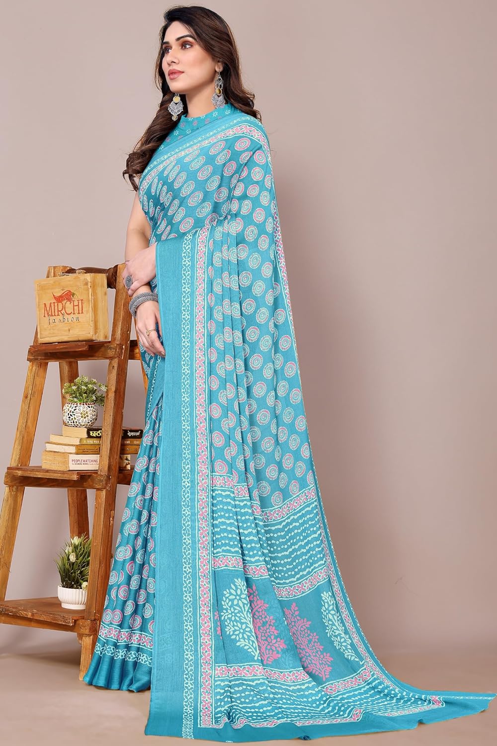 Women's Chiffon Block Printed Saree with Blouse Piece