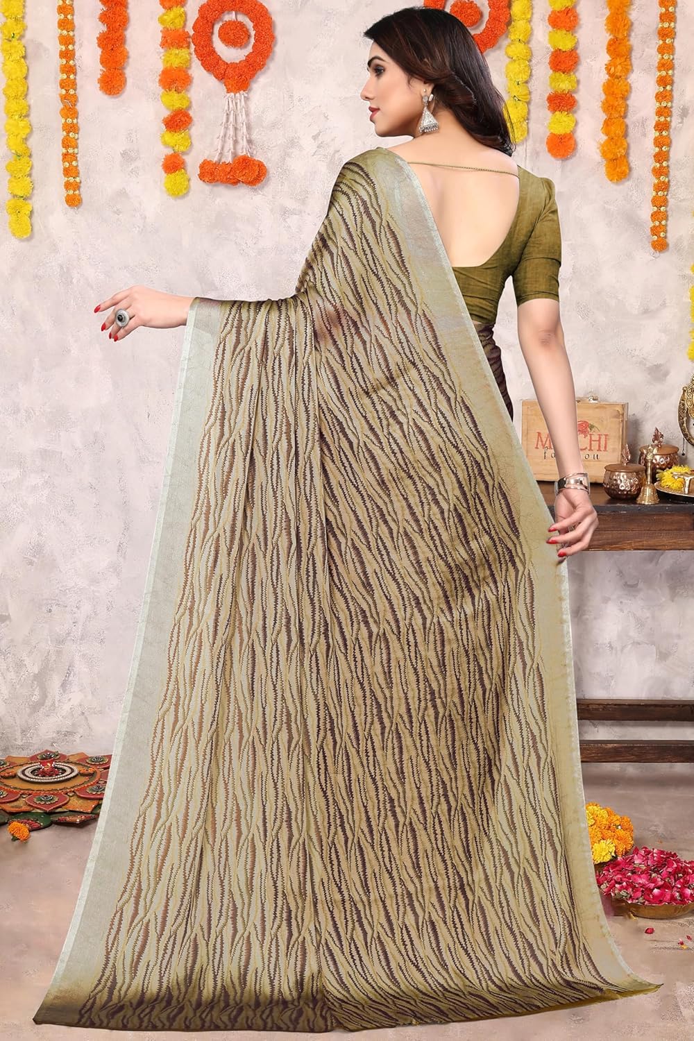 Women's Chiffon Block Printed Saree with Blouse Piece