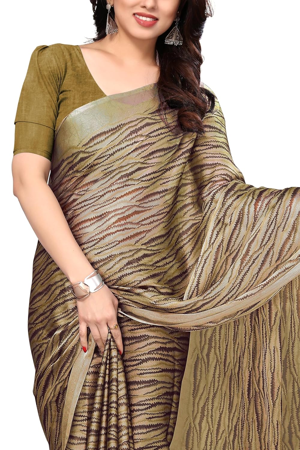 Women's Chiffon Block Printed Saree with Blouse Piece