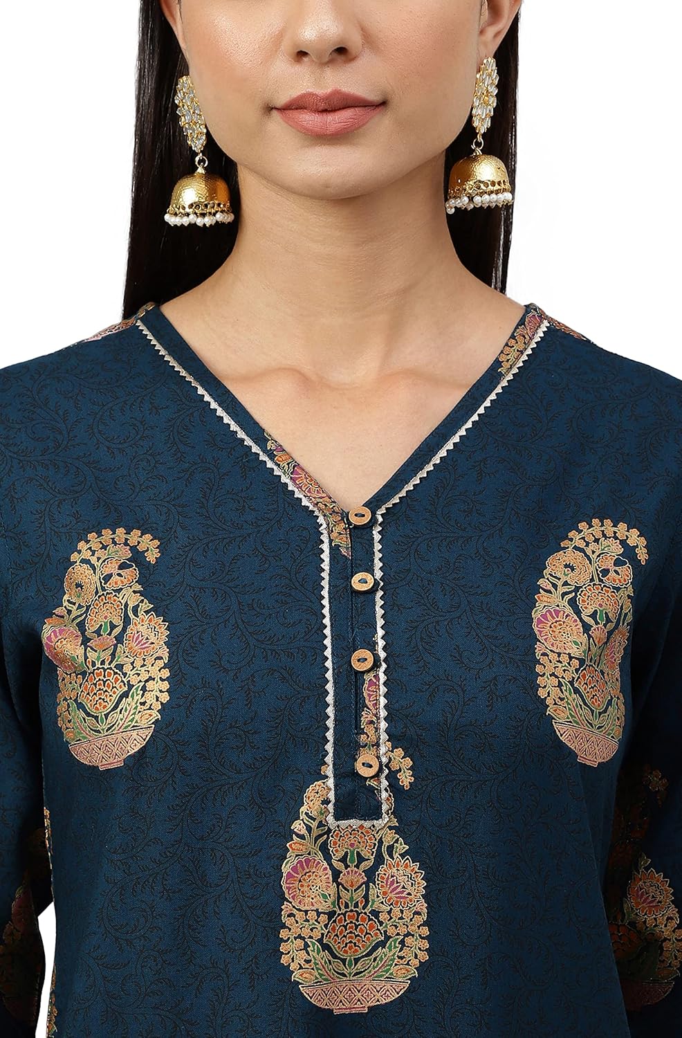 Women's Orange Rayon Gold Floral Print Straight Kurta