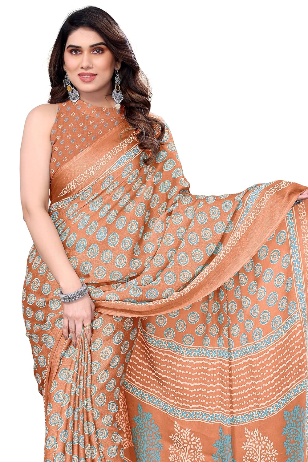 Women's Chiffon Block Printed Saree with Blouse Piece
