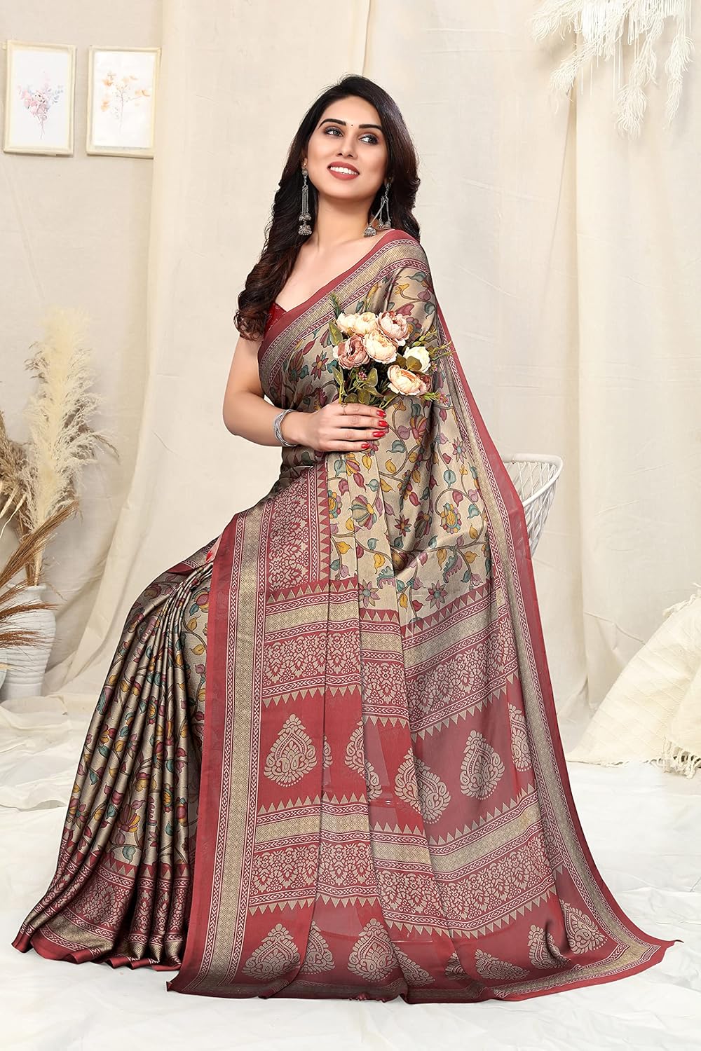 Women's Chiffon Floral Printed Saree with Blouse Piece