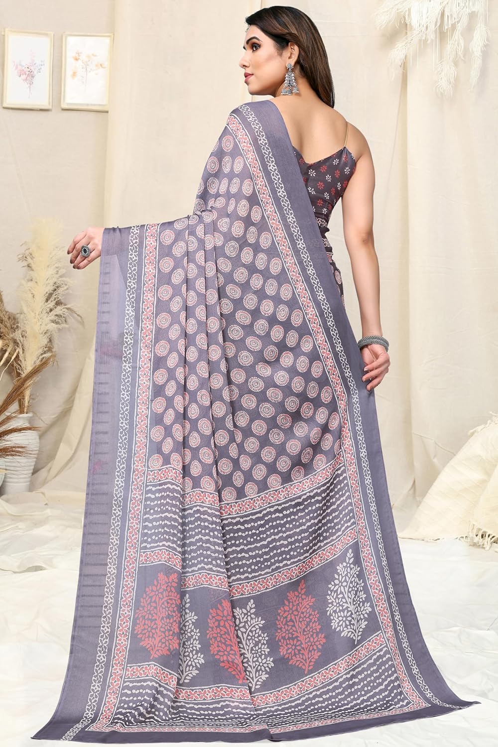 Women's Chiffon Block Printed Saree with Blouse Piece