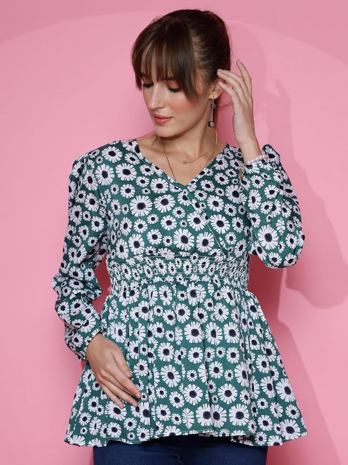 Sheetal Associates Women's Casual Bishop Sleeves Polka Print Peplum Top